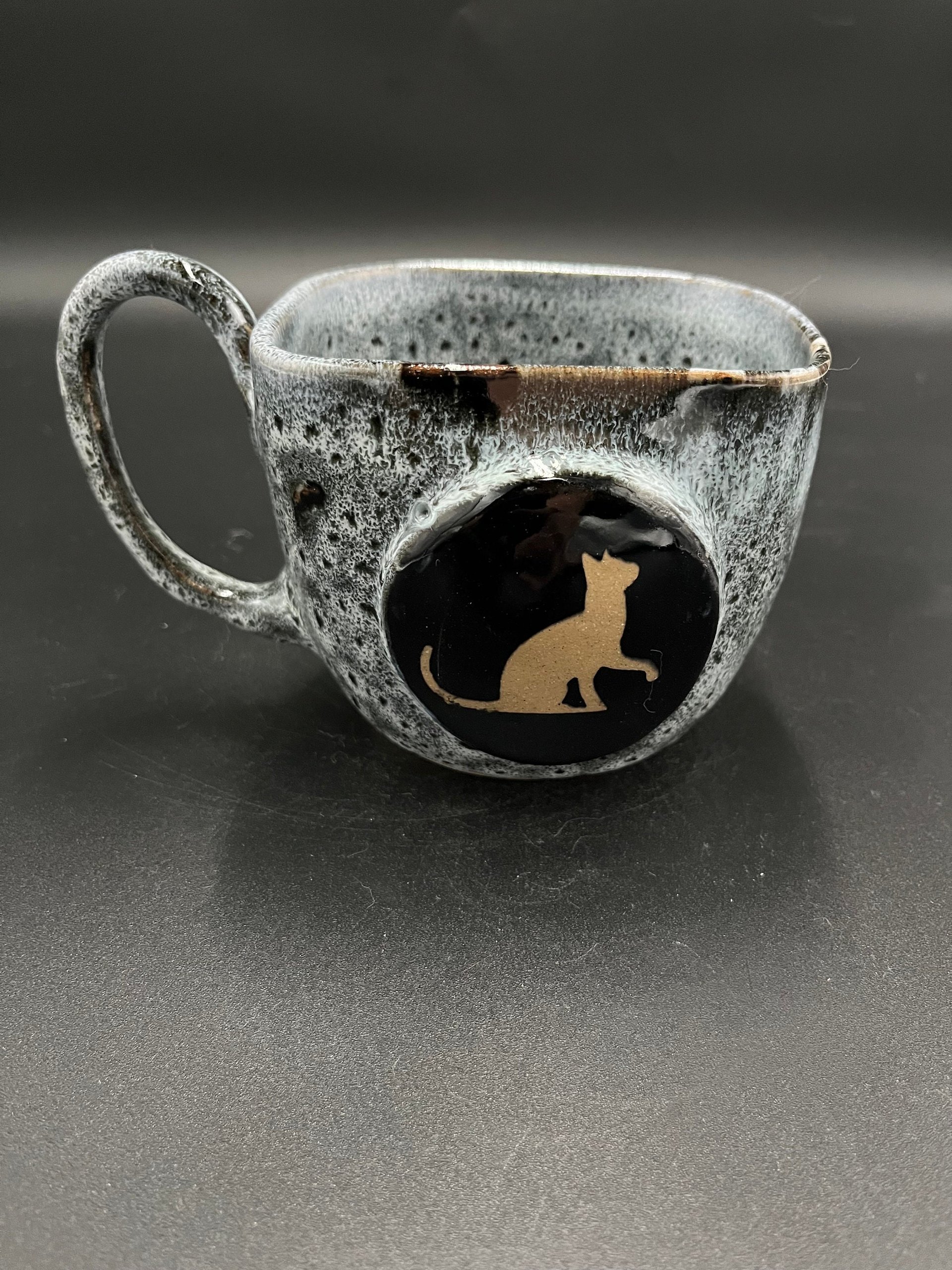 Large Square Handmade Black and White Ceramic Cat Mug
