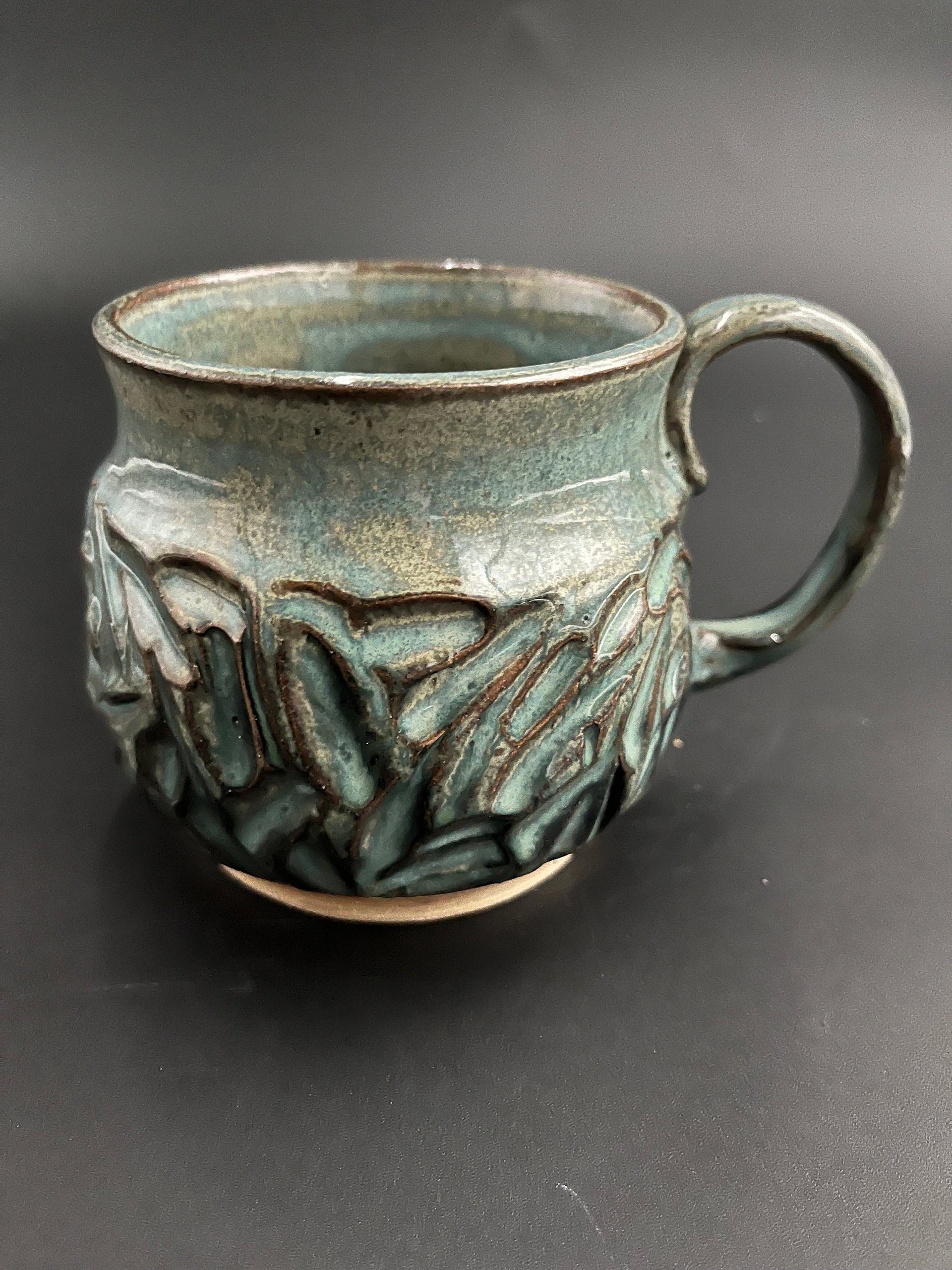 Handmade Carved Ceramic Blue and Green Mug
