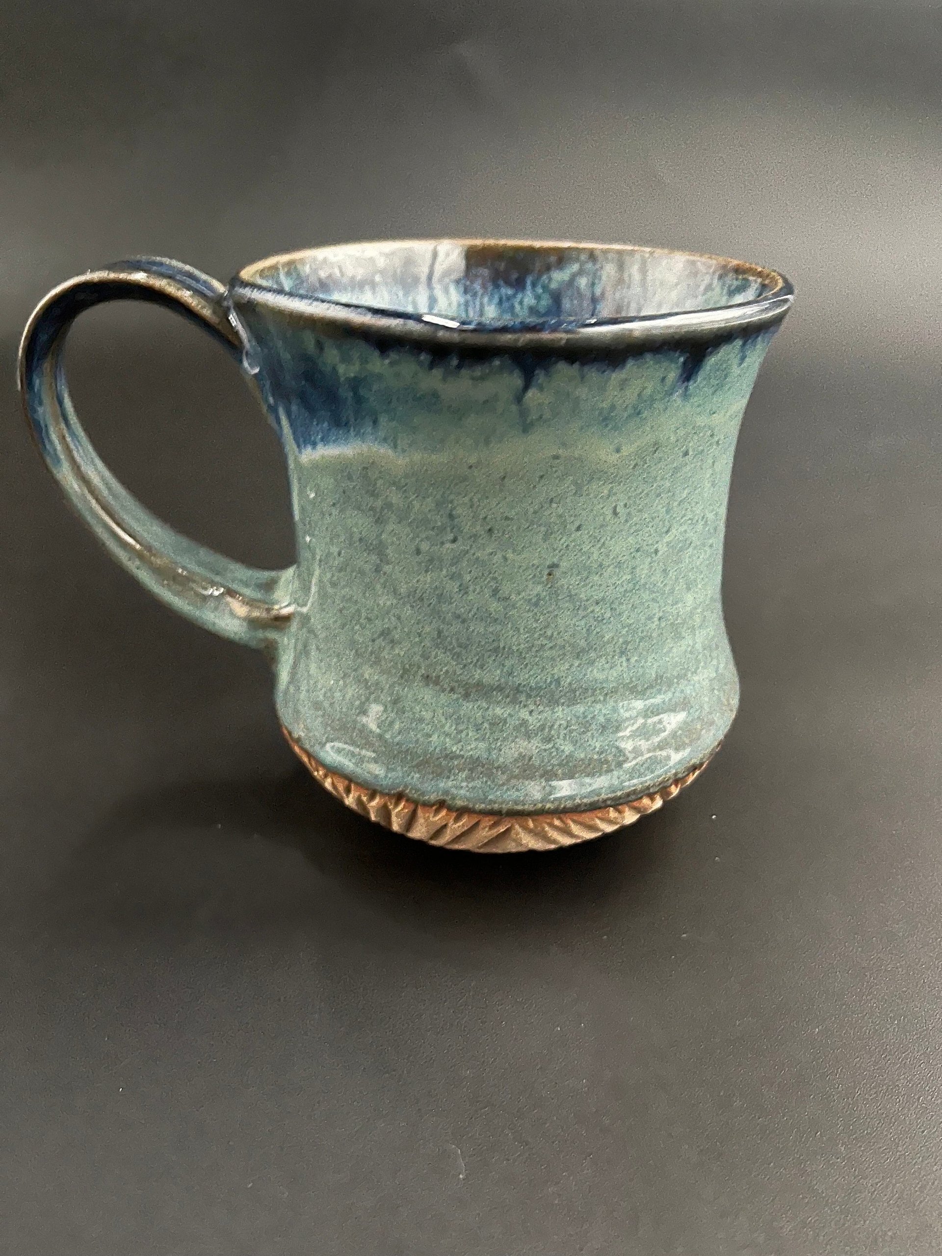 Handmade Carved Blue and Green Ceramic Tankard Mug