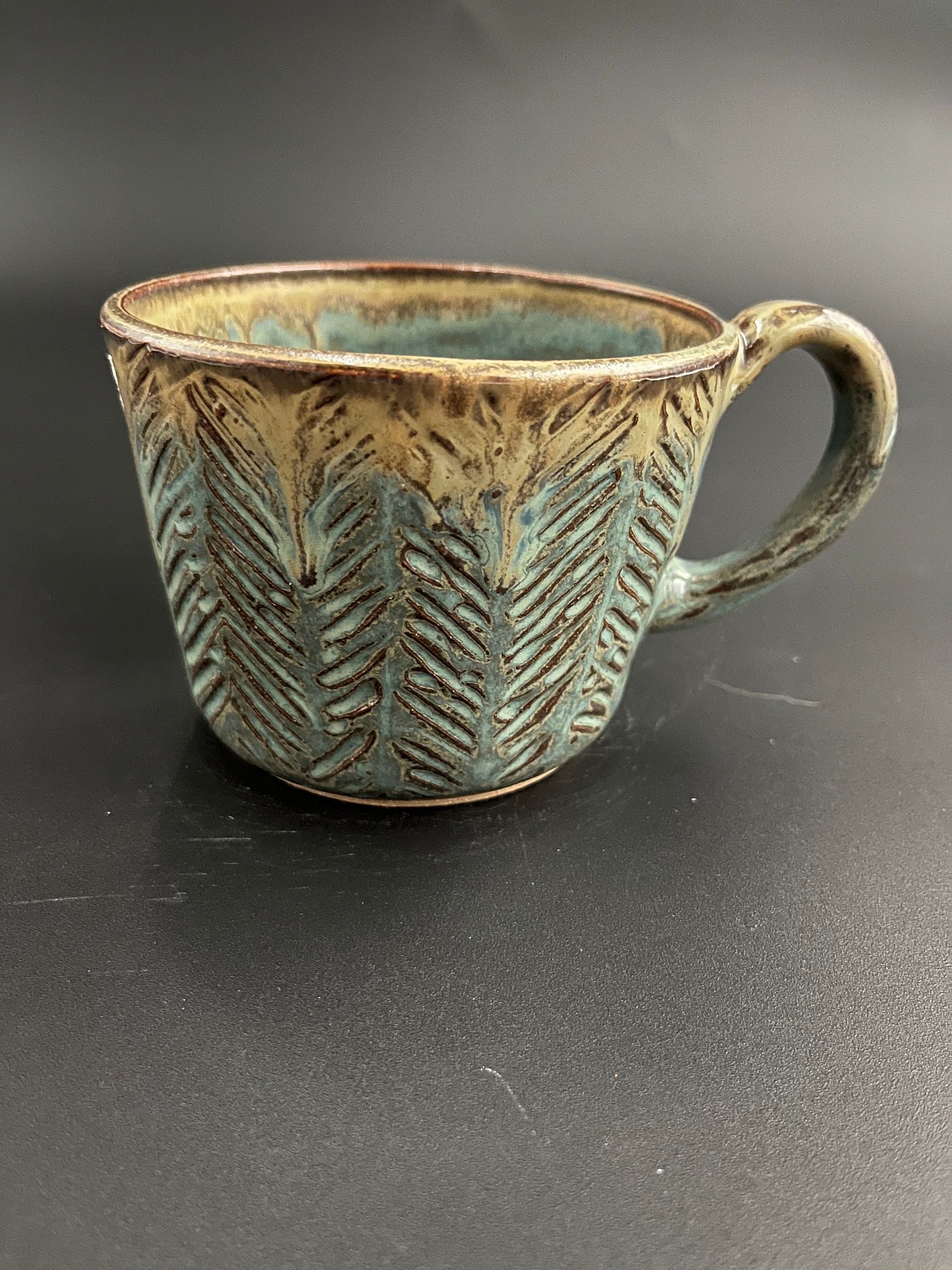 Handmade Herringbone Carved Blue and Honey Mug