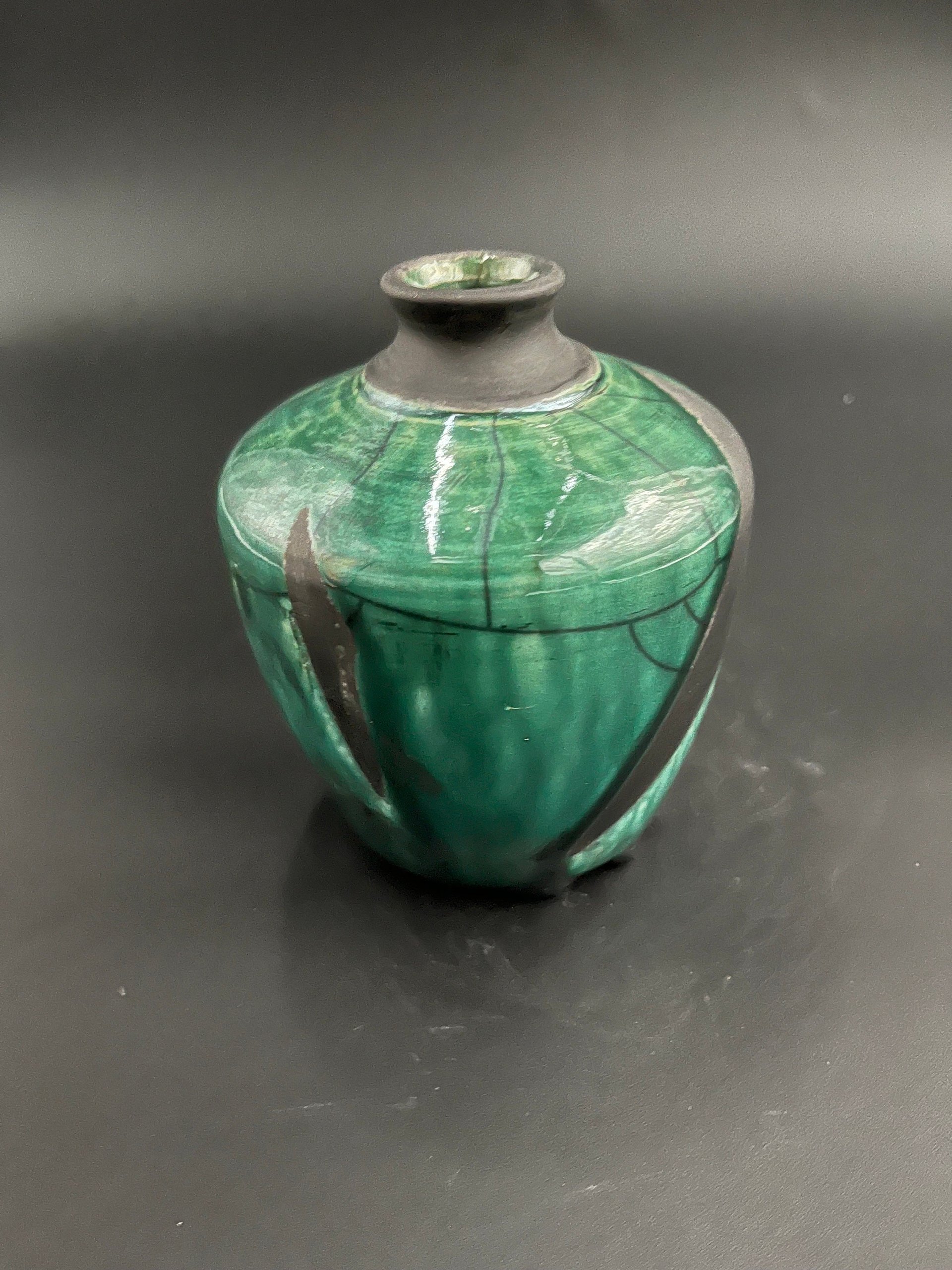 Handmade Iridescent Green Ceramic Vase - Raku fired