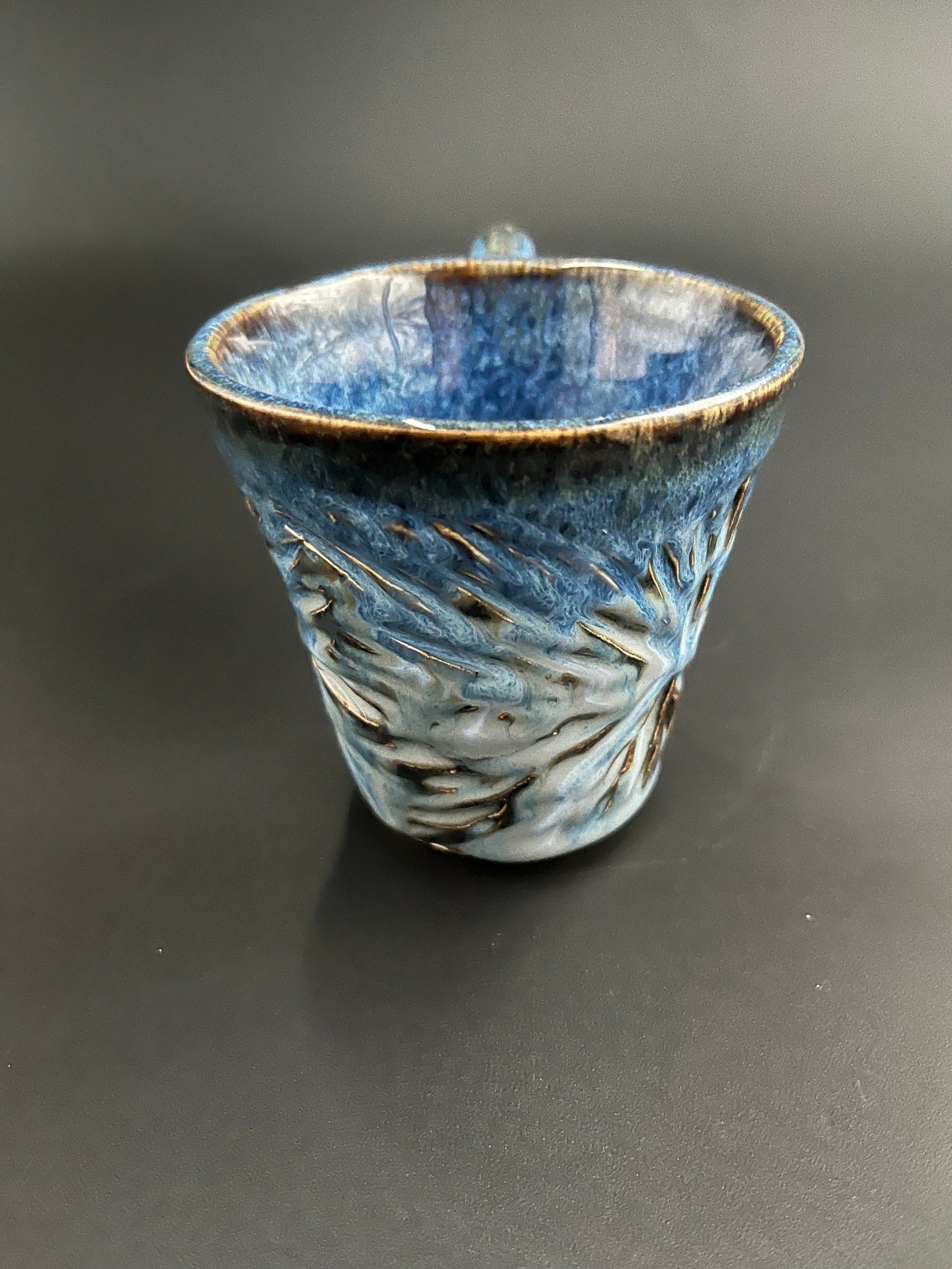 Handmade Carved Blue Ceramic Mug