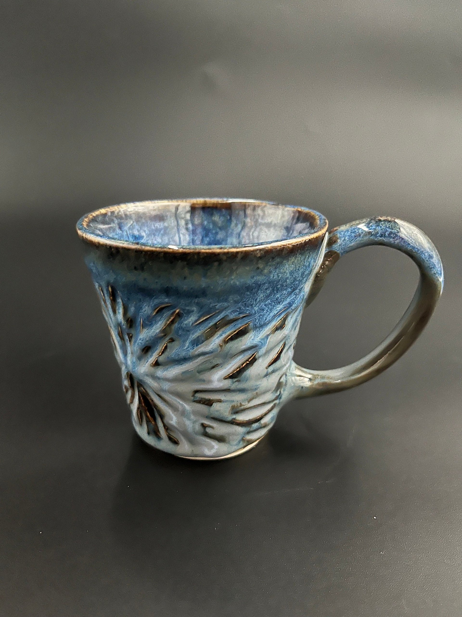 Handmade Carved Blue Ceramic Mug