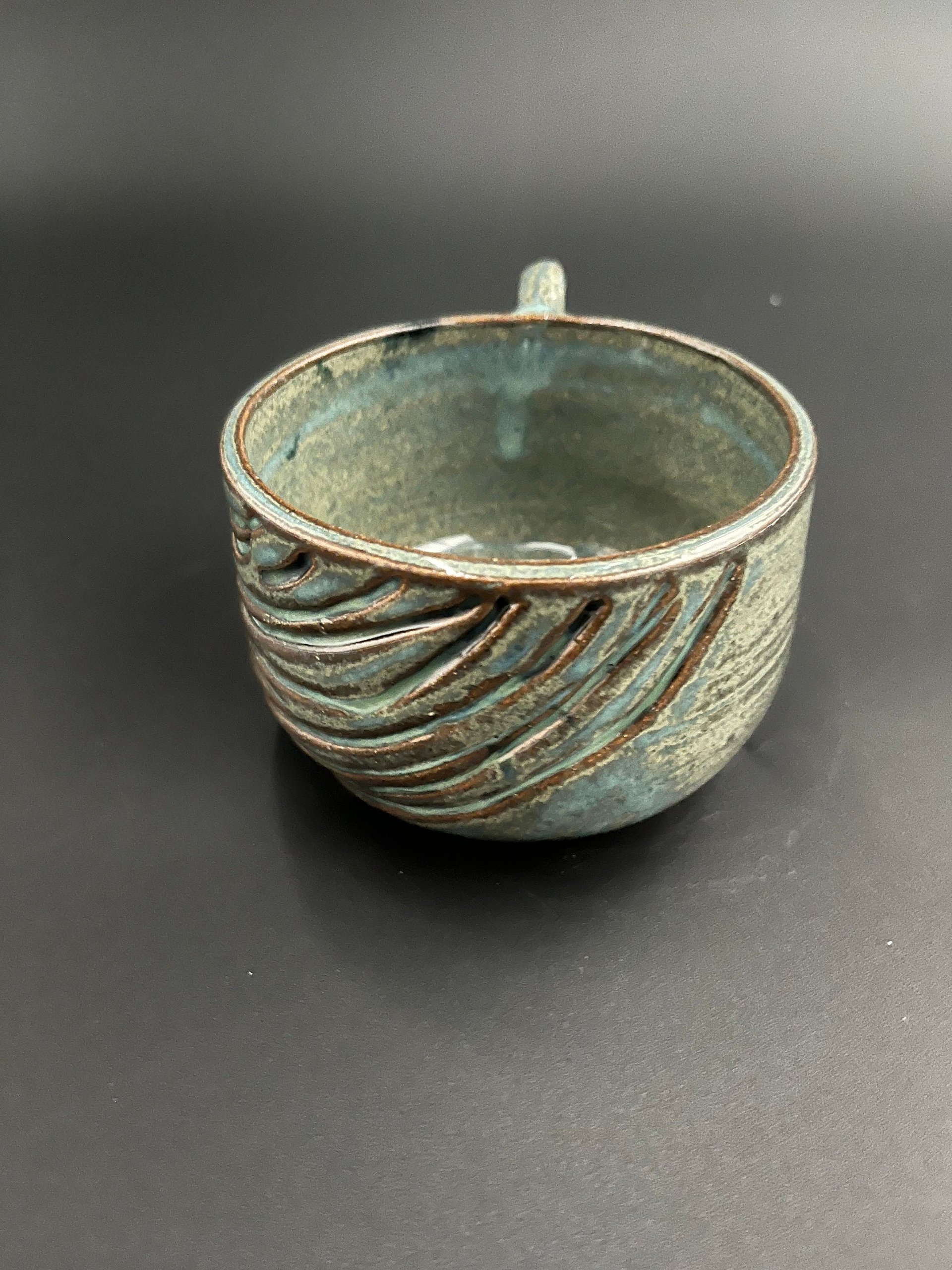 Handmade Carved Blue and Green Wavy Mug