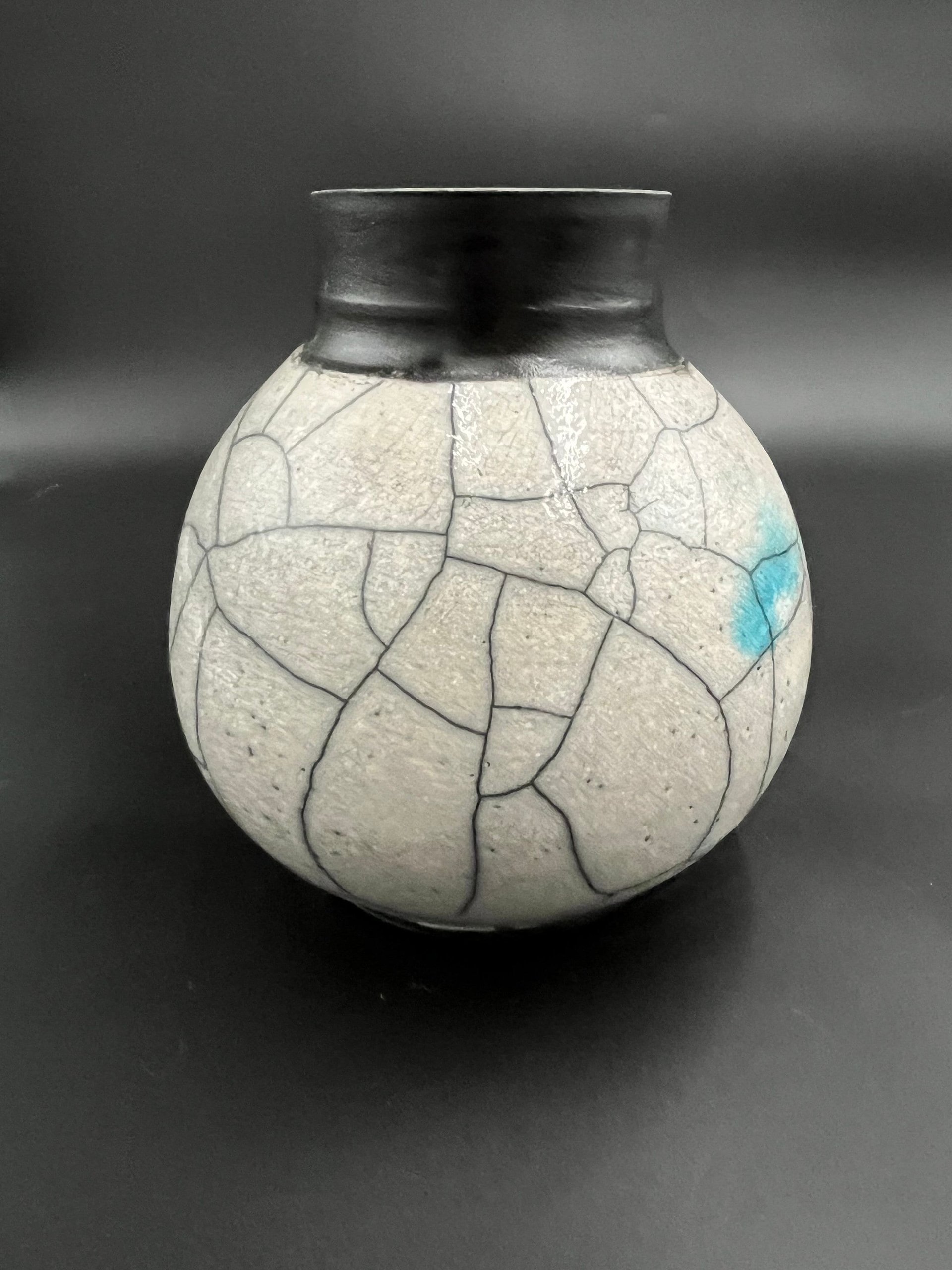 Large Blue and White Crackle Ceramic Moon vase - Raku fired