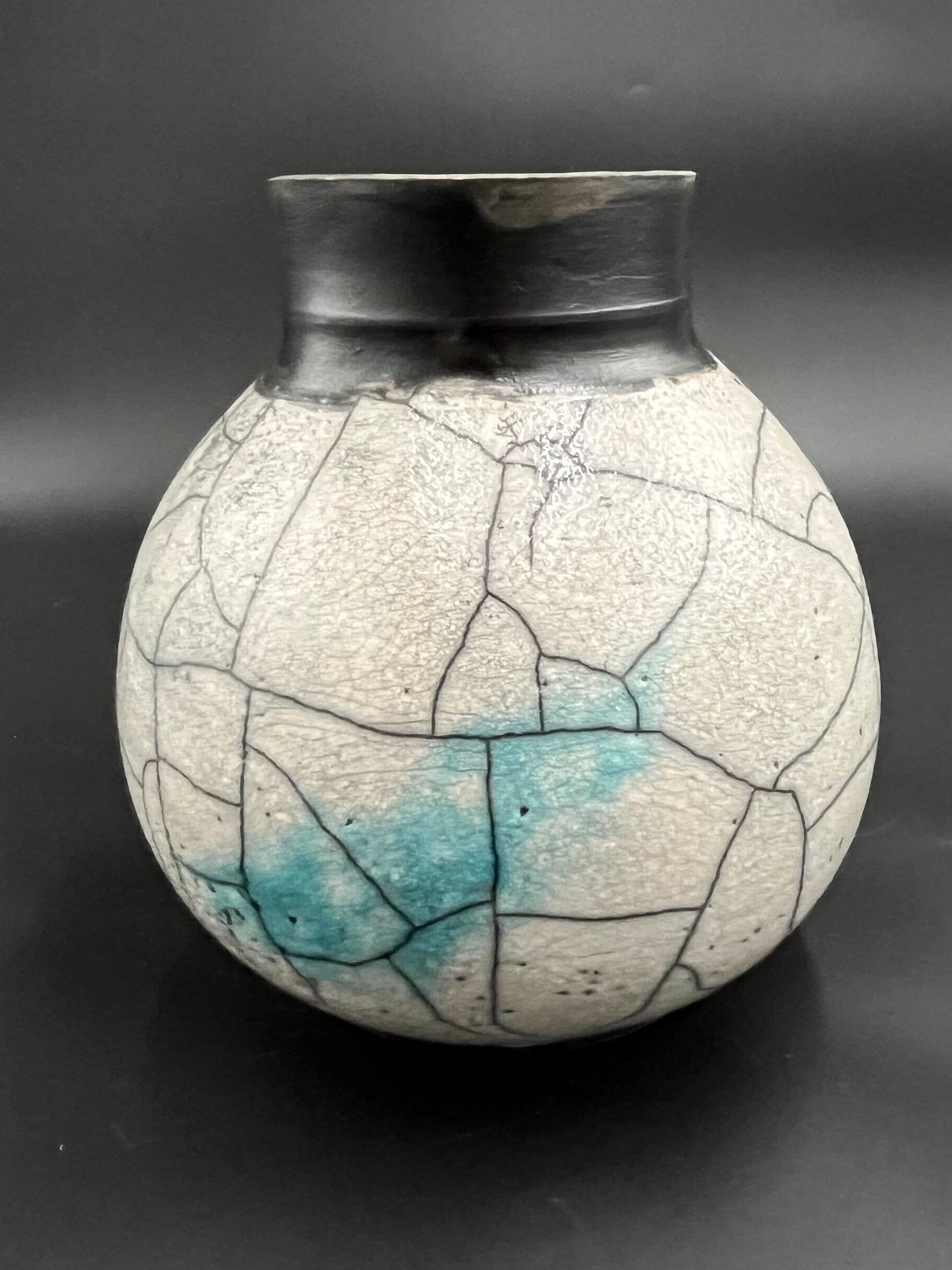 Large Blue and White Crackle Ceramic Moon vase - Raku fired