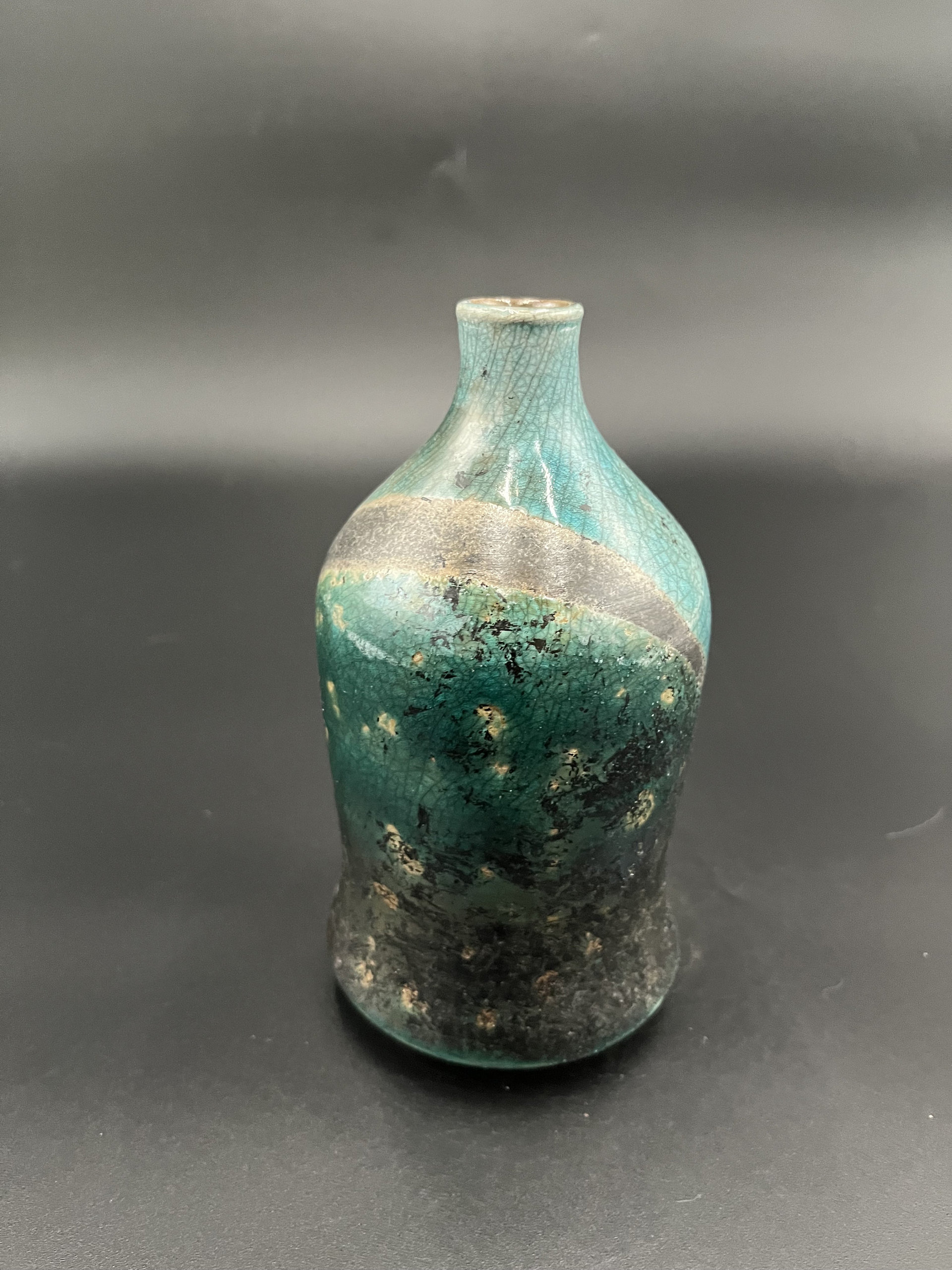 Handmade Green and Copper Crackle Ceramic vase - Raku fired
