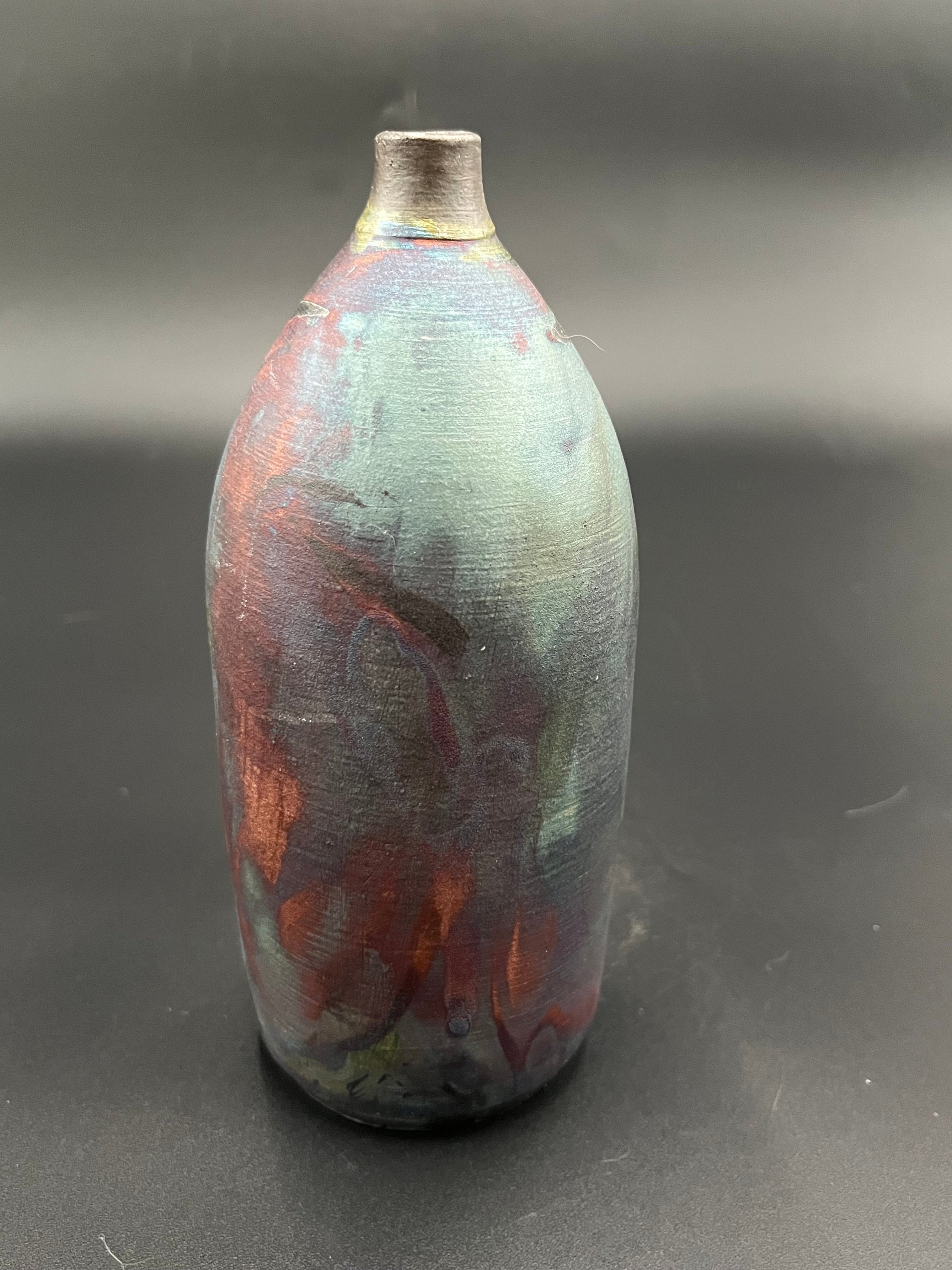 Handmade Irridescent Matte Bottle Vase - Raku fired