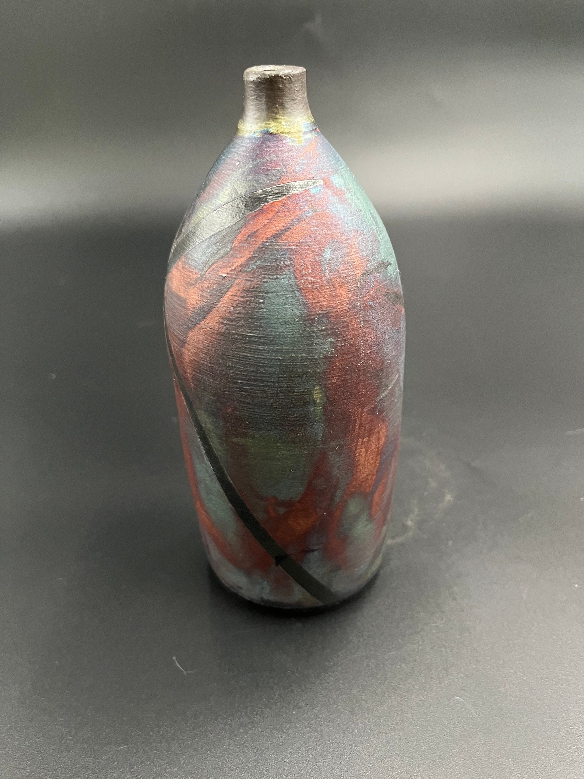 Handmade Irridescent Matte Bottle Vase - Raku fired