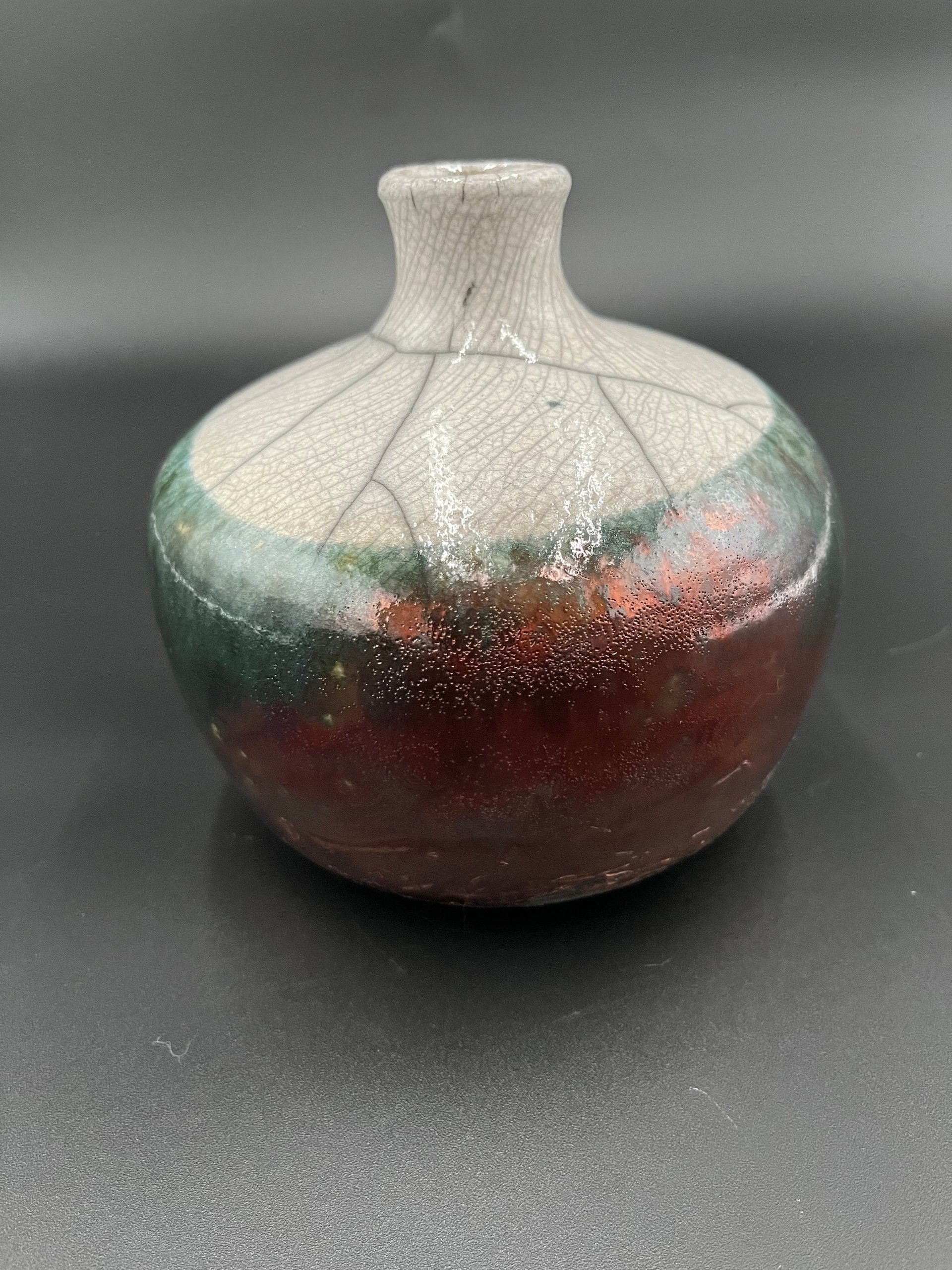 Copper, Green, and White Crackle Ceramic Bottle Vase - Raku fired