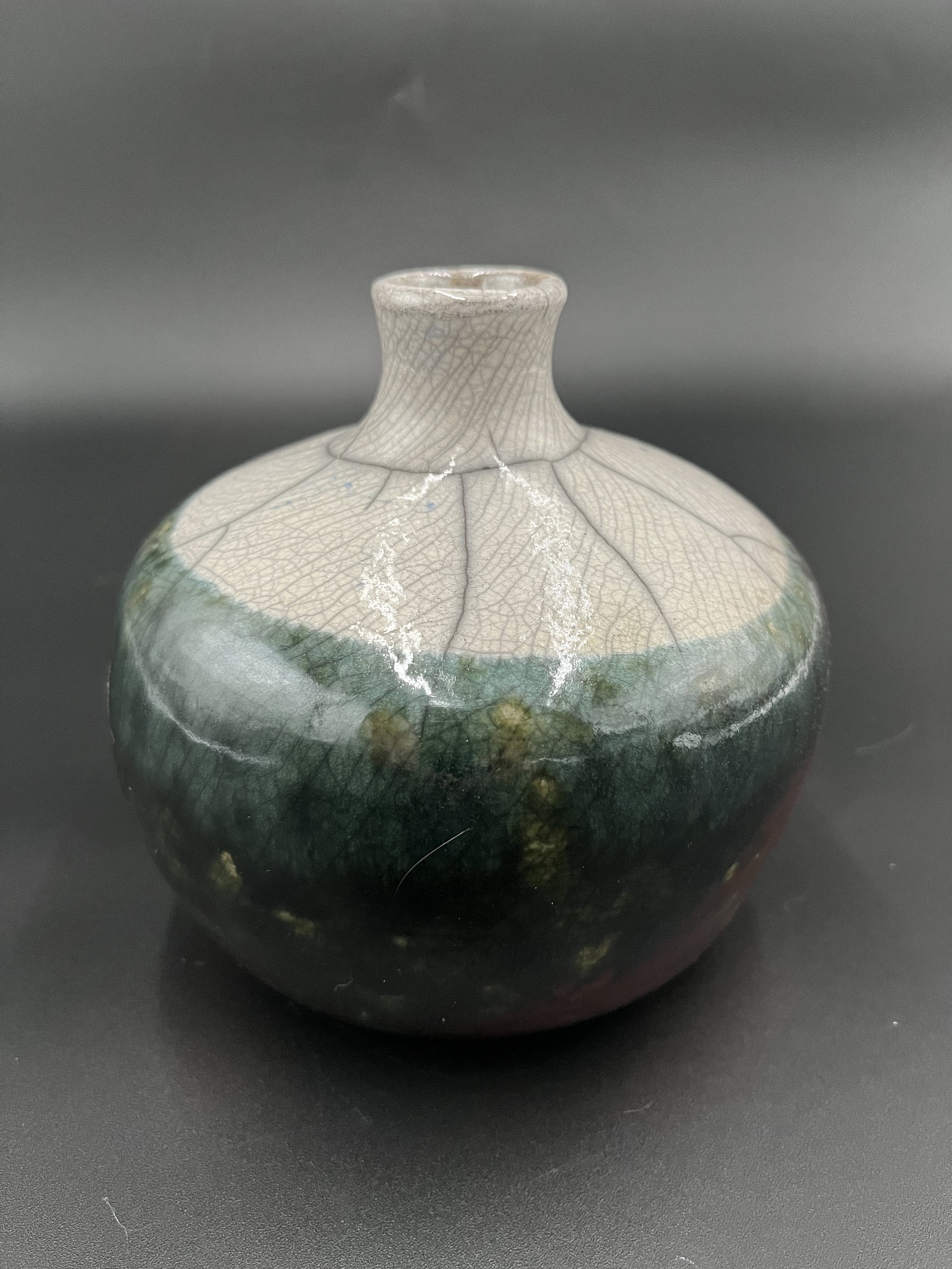 Copper, Green, and White Crackle Ceramic Bottle Vase - Raku fired
