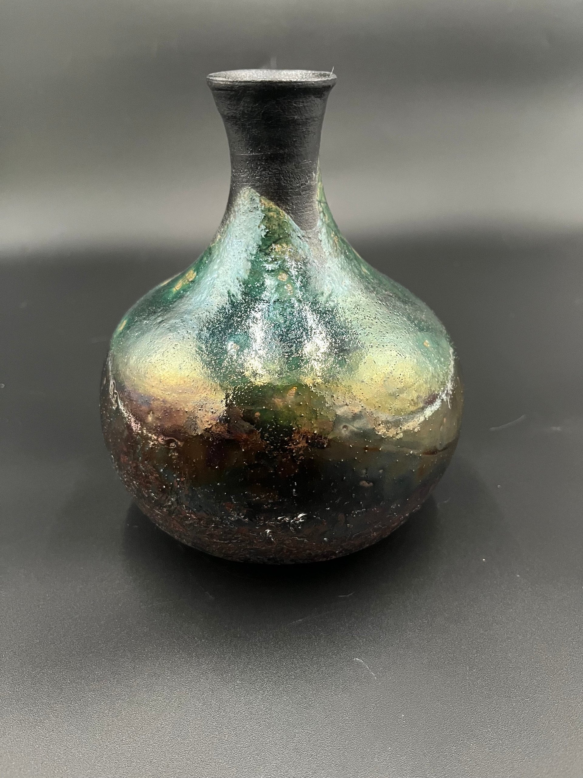 Irridescent Green Ceramic Bottle Vase - Raku fired