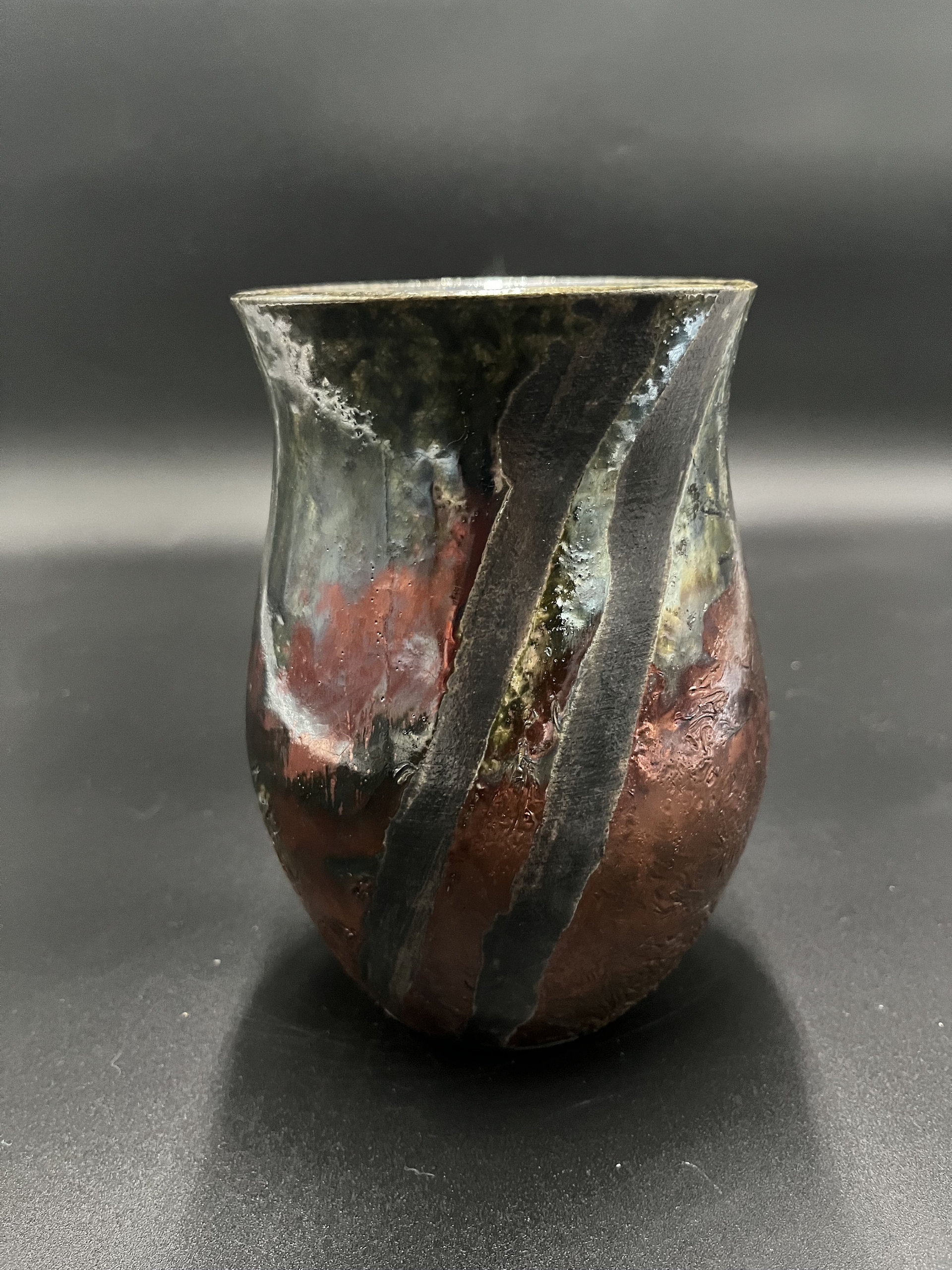 Handmade Iridescent Green and Copper Ceramic Vase - Raku fired