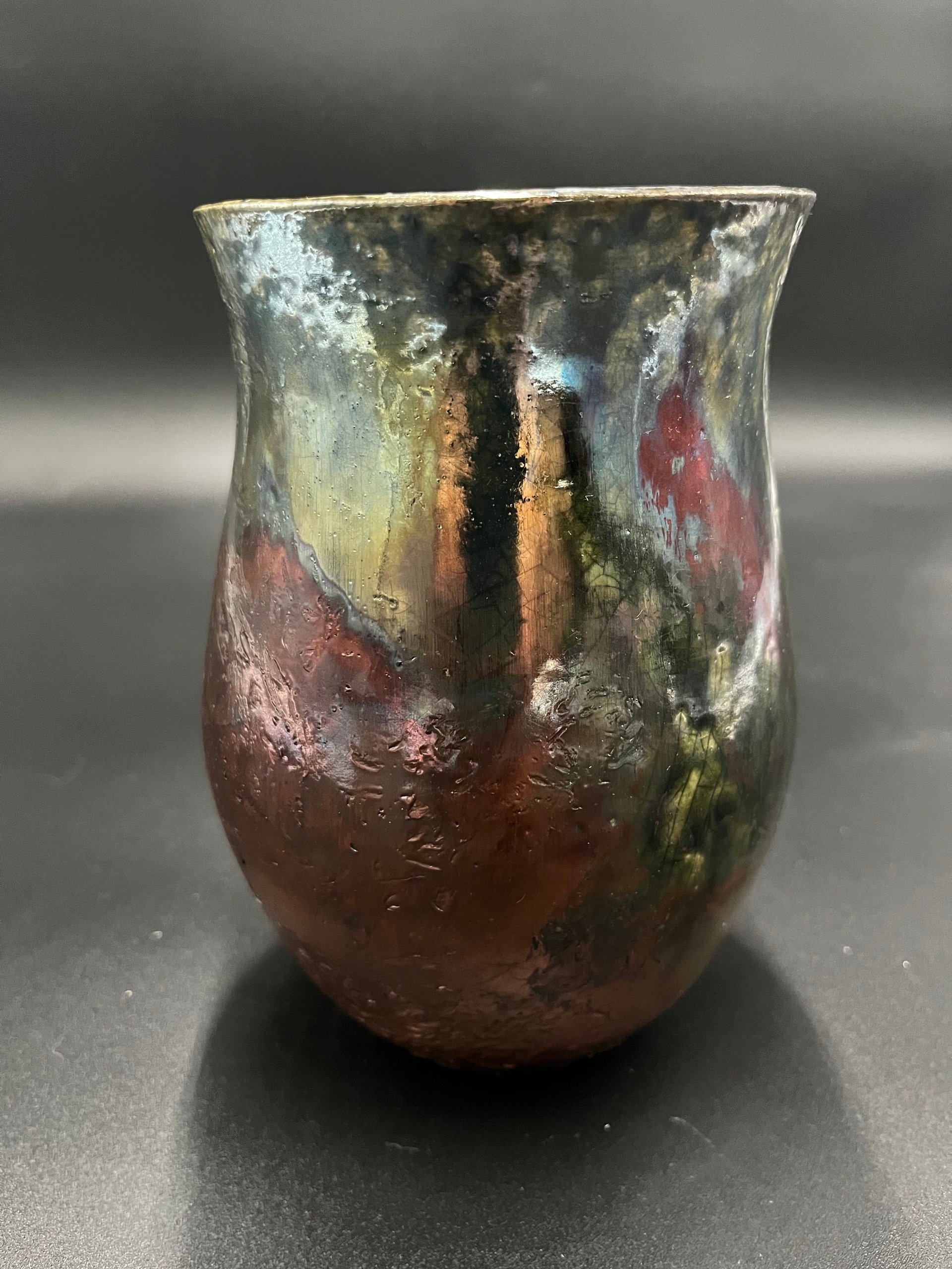 Handmade Iridescent Green and Copper Ceramic Vase - Raku fired