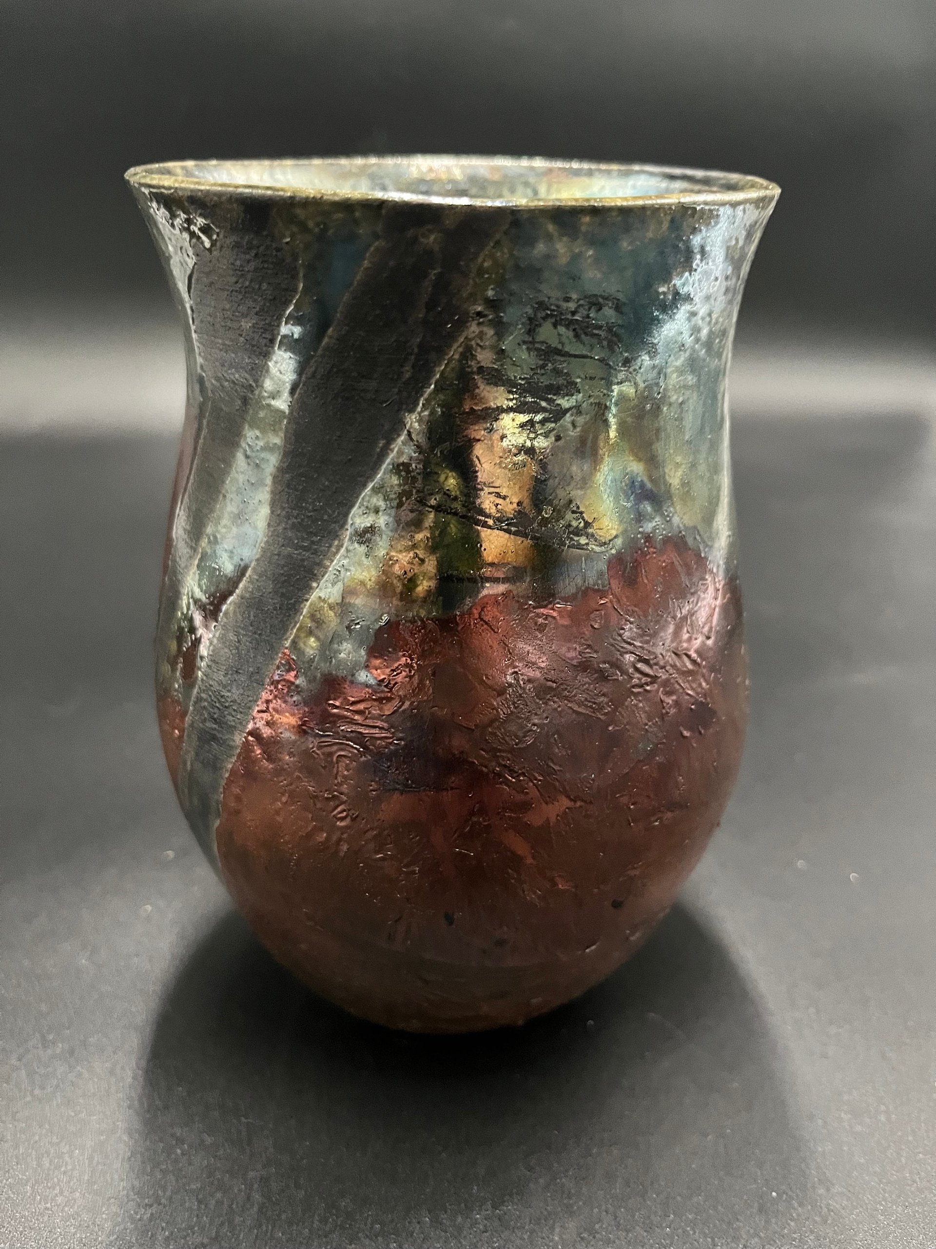 Handmade Iridescent Green and Copper Ceramic Vase - Raku fired