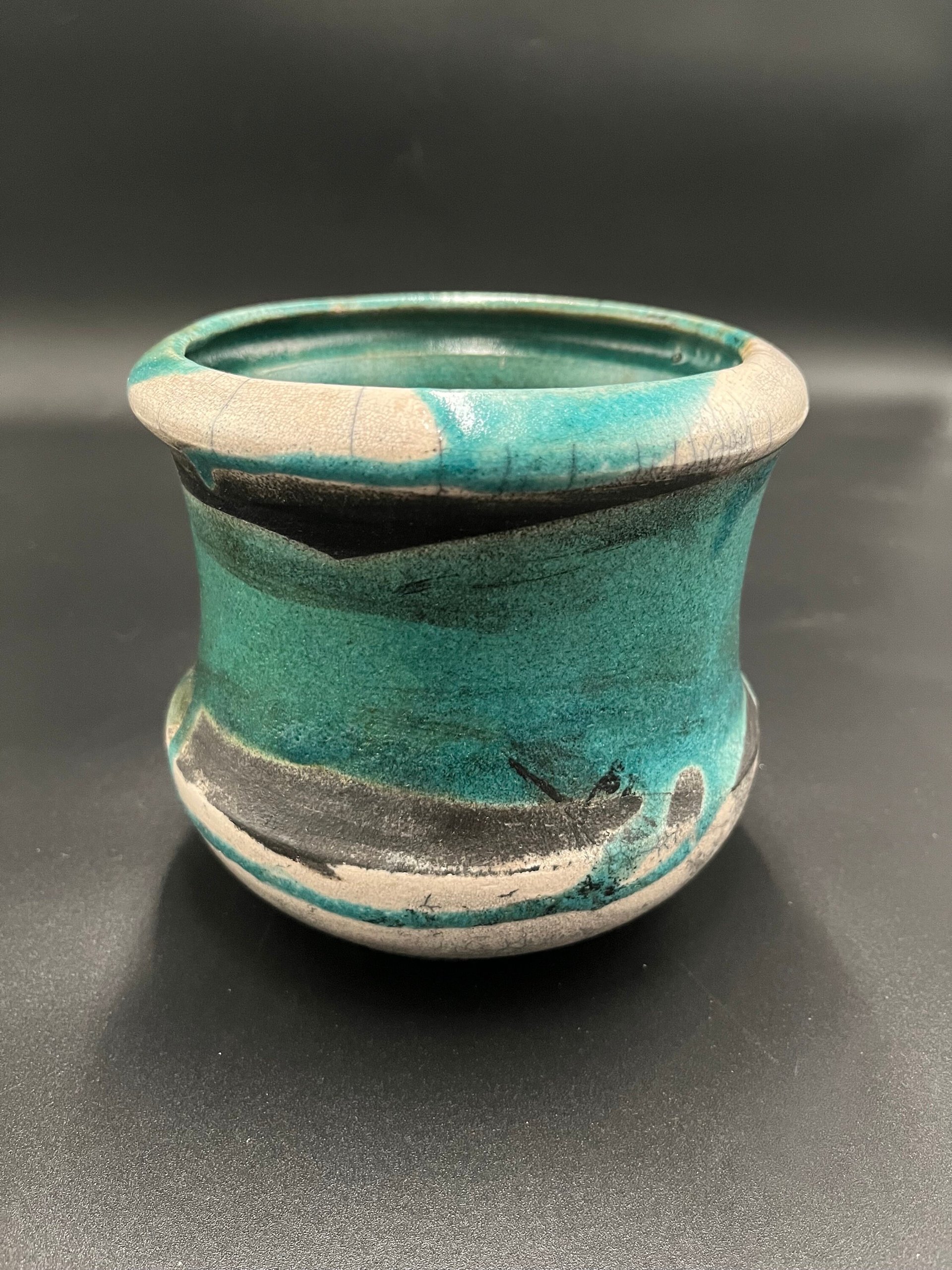 Blue, Black, and White Crackle Ceramic vase - Raku fired