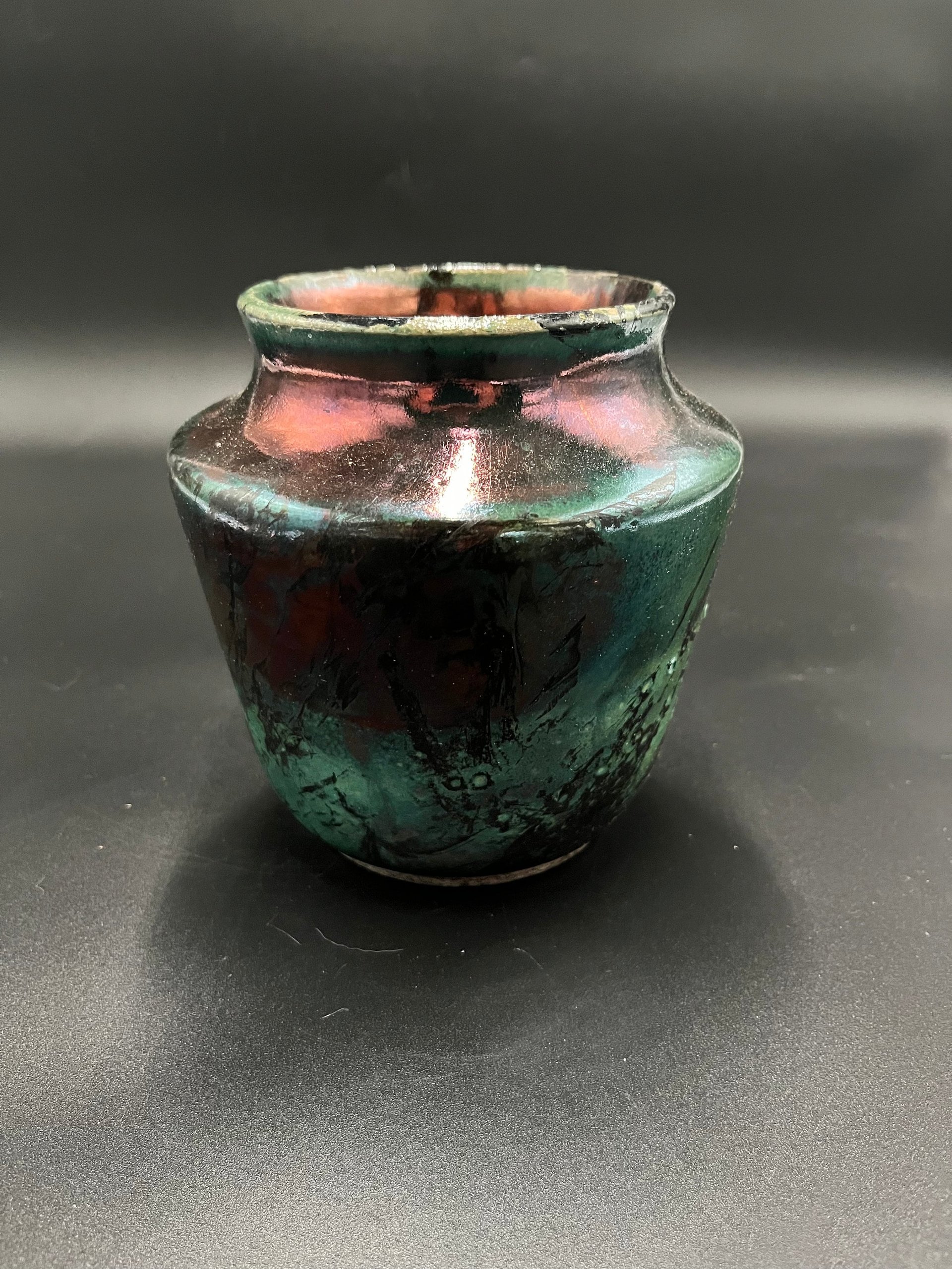 Handmade Green and Copper Irridescent Ceramic vase - Raku fired