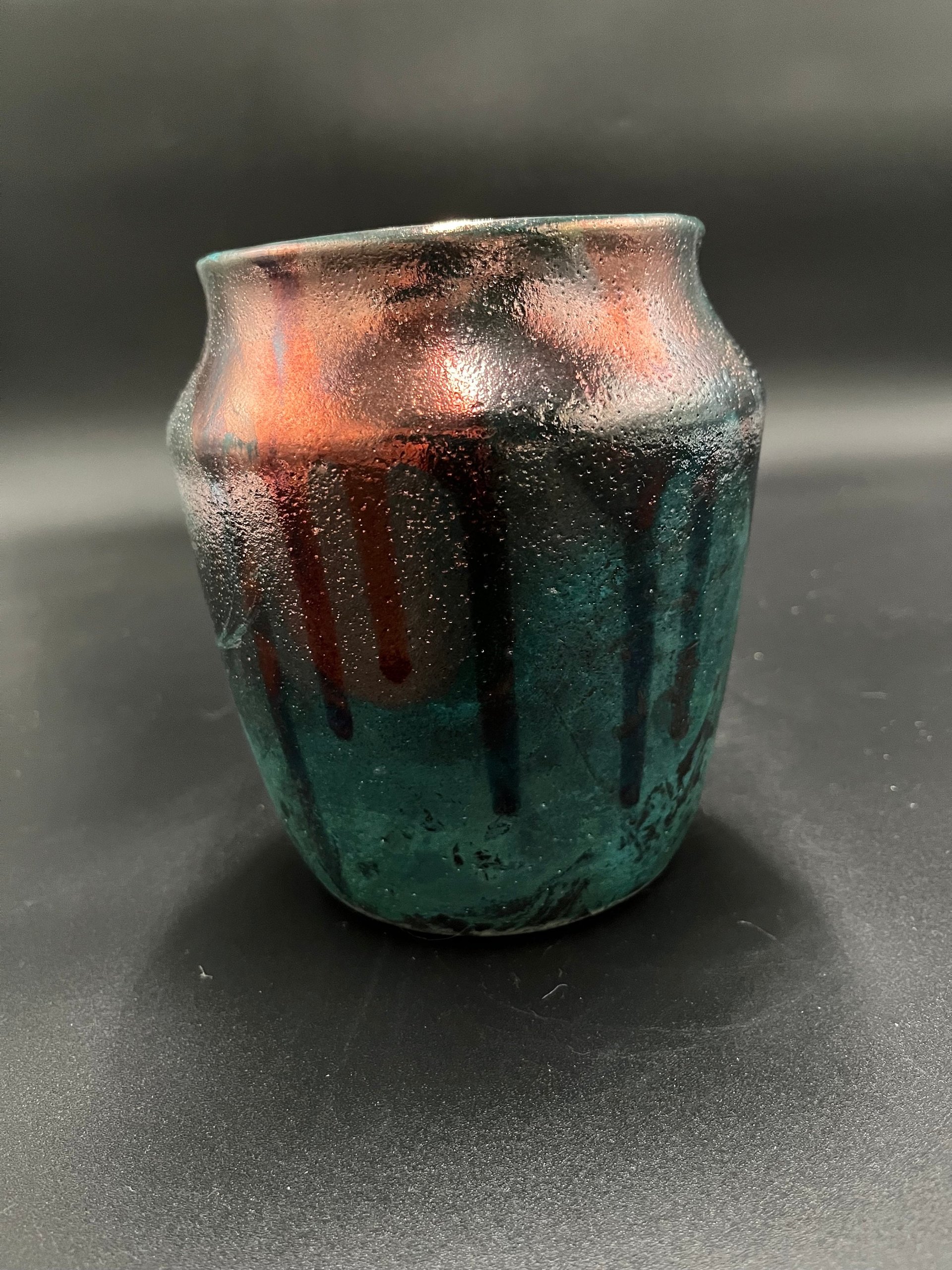 Handmade Green and Copper Irridescent Ceramic vase - Raku fired