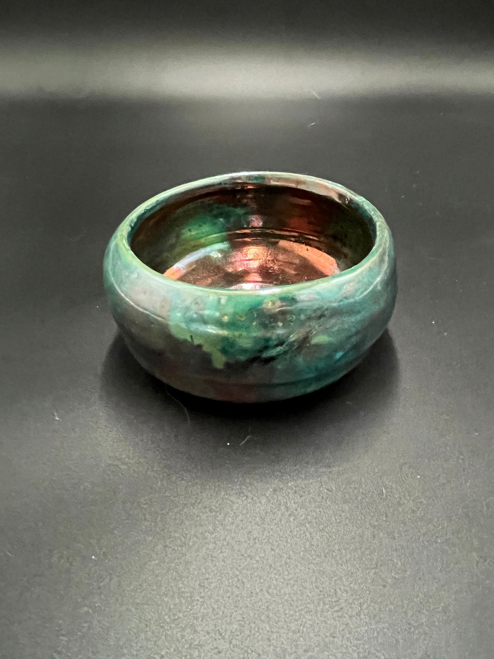 Handmade Green and Copper Irridescent Ceramic Bowl - Raku fired