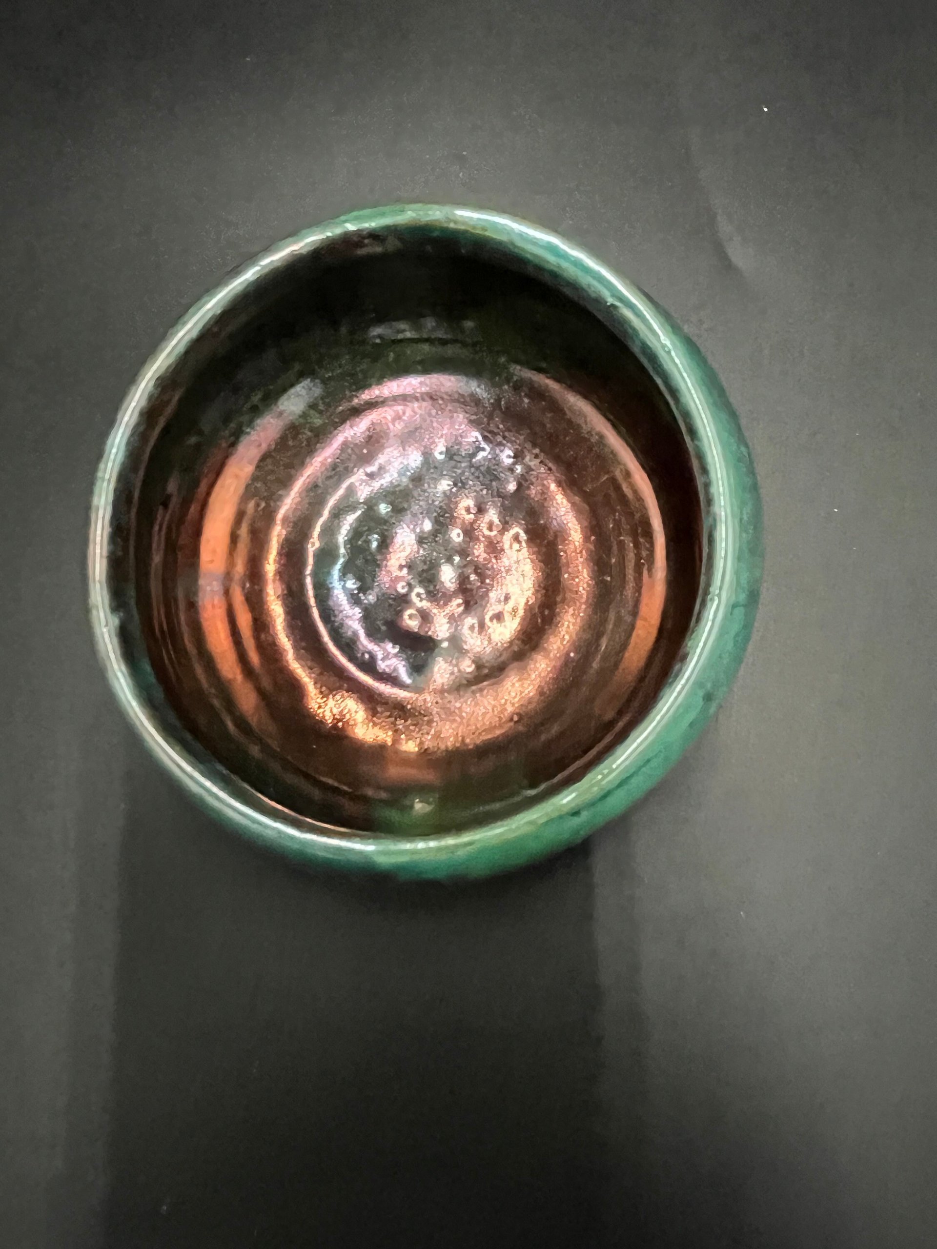 Handmade Green and Copper Irridescent Ceramic Bowl - Raku fired