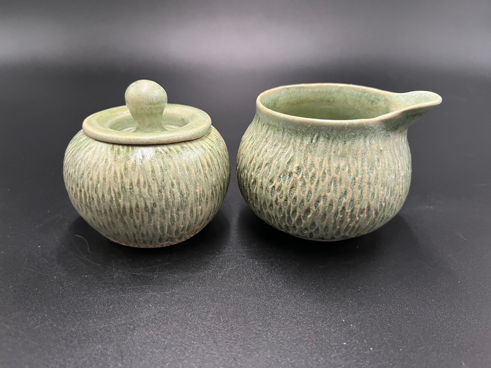 Handmade Carved Green Ceramic Cream and Sugar Set