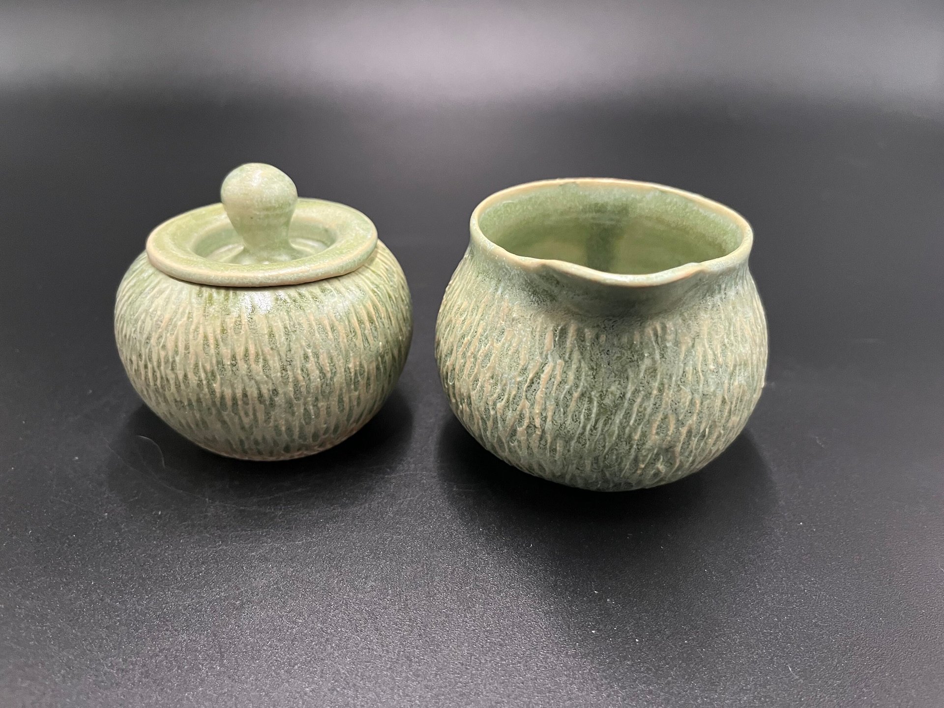 Handmade Carved Green Ceramic Cream and Sugar Set