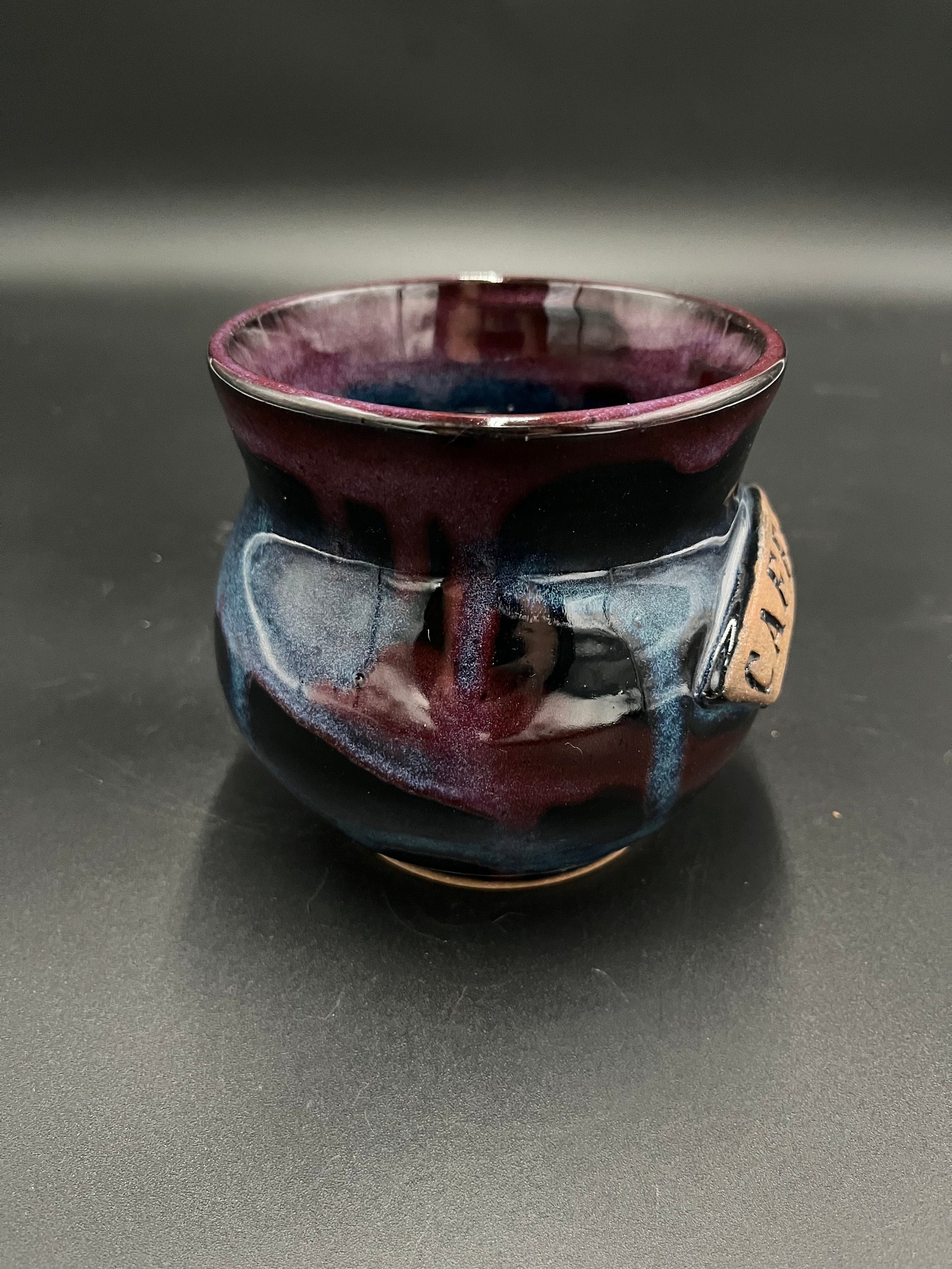 Large Handmade Black, Green, and Purple Ceramic Caffeine Mug
