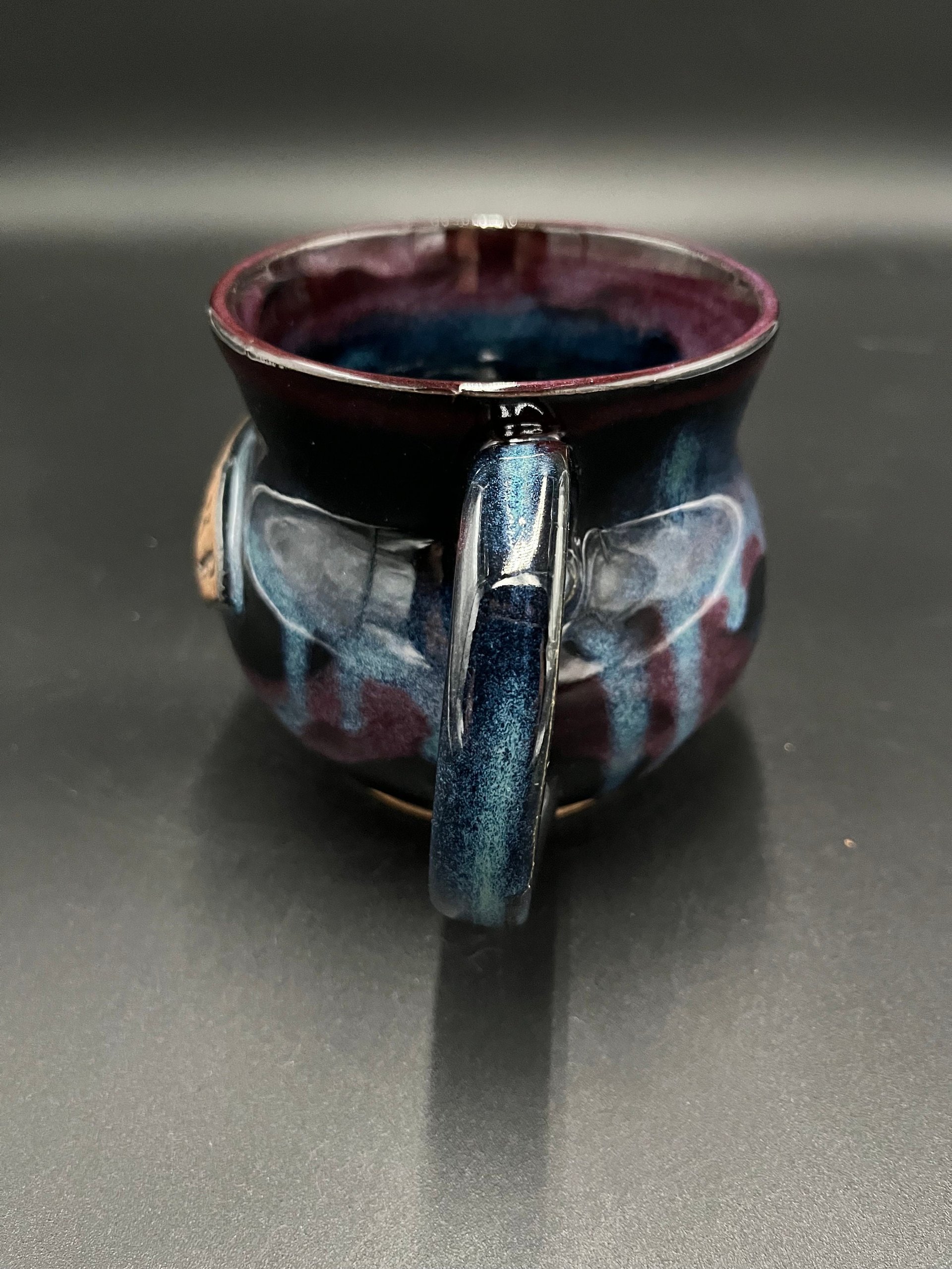 Large Handmade Black, Green, and Purple Ceramic Caffeine Mug