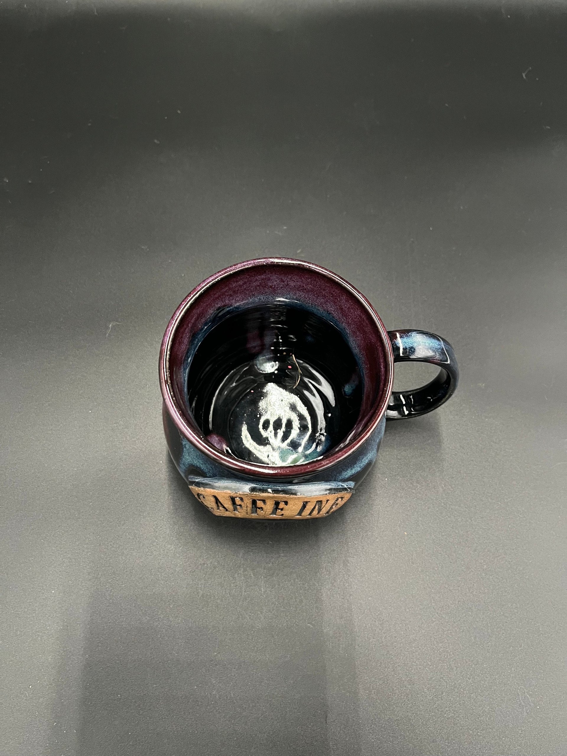 Large Handmade Black, Green, and Purple Ceramic Caffeine Mug