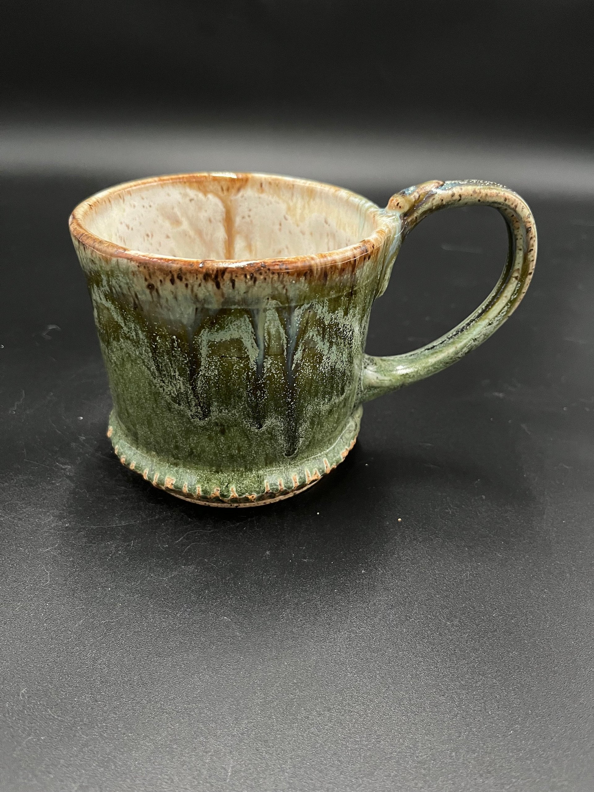 Handmade Carved Green and White Ceramic Tankard Mug