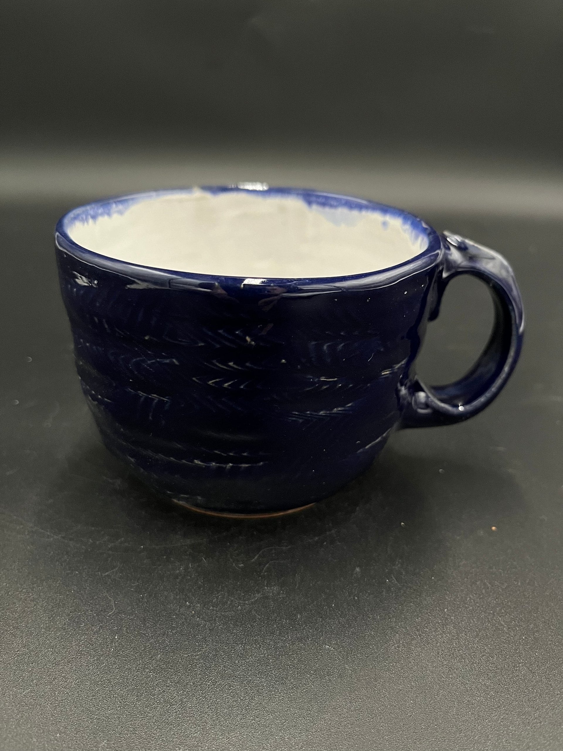 Handmade Carved Ceramic Cobalt Blue and White Mug