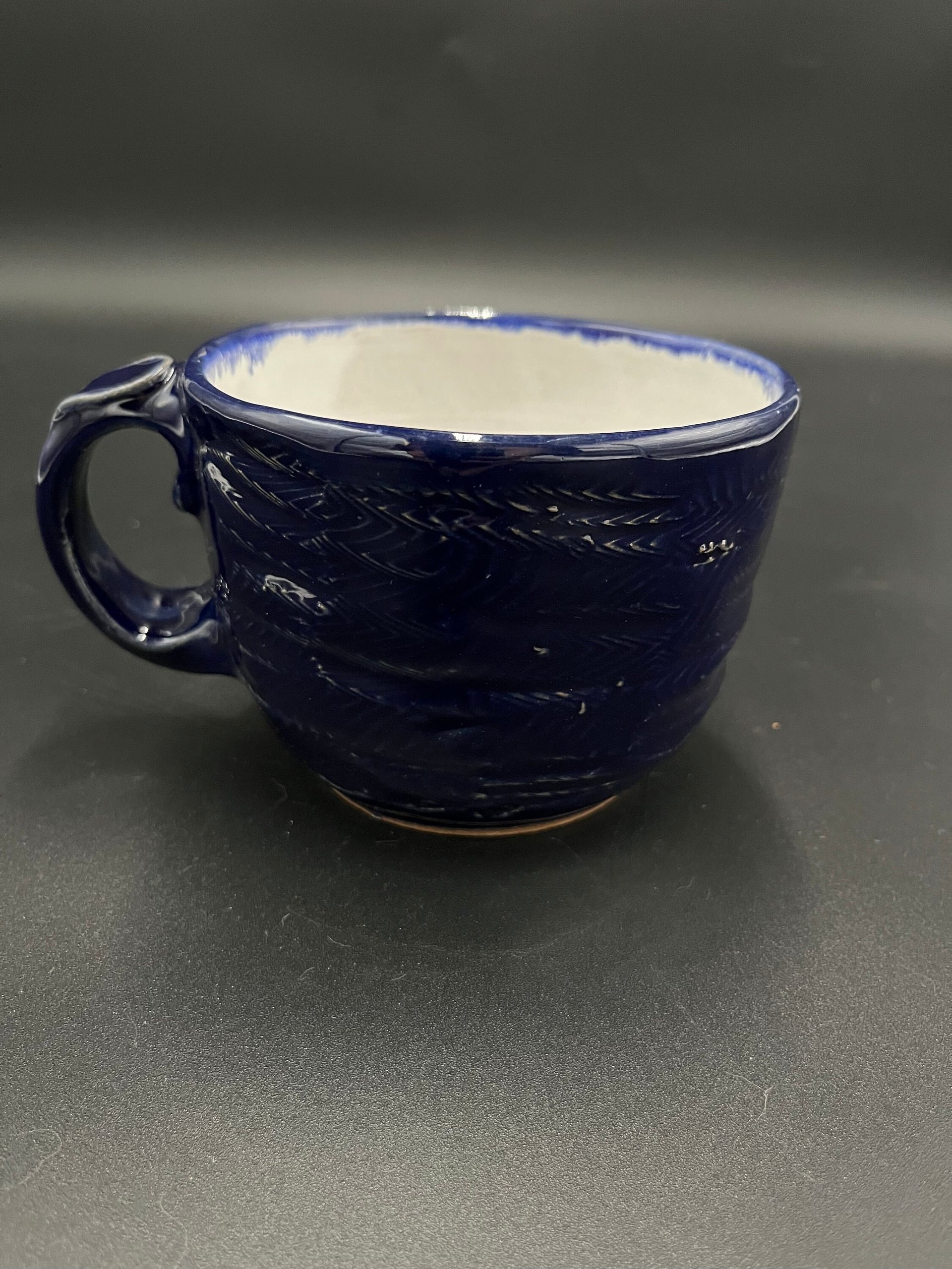 Handmade Carved Ceramic Cobalt Blue and White Mug