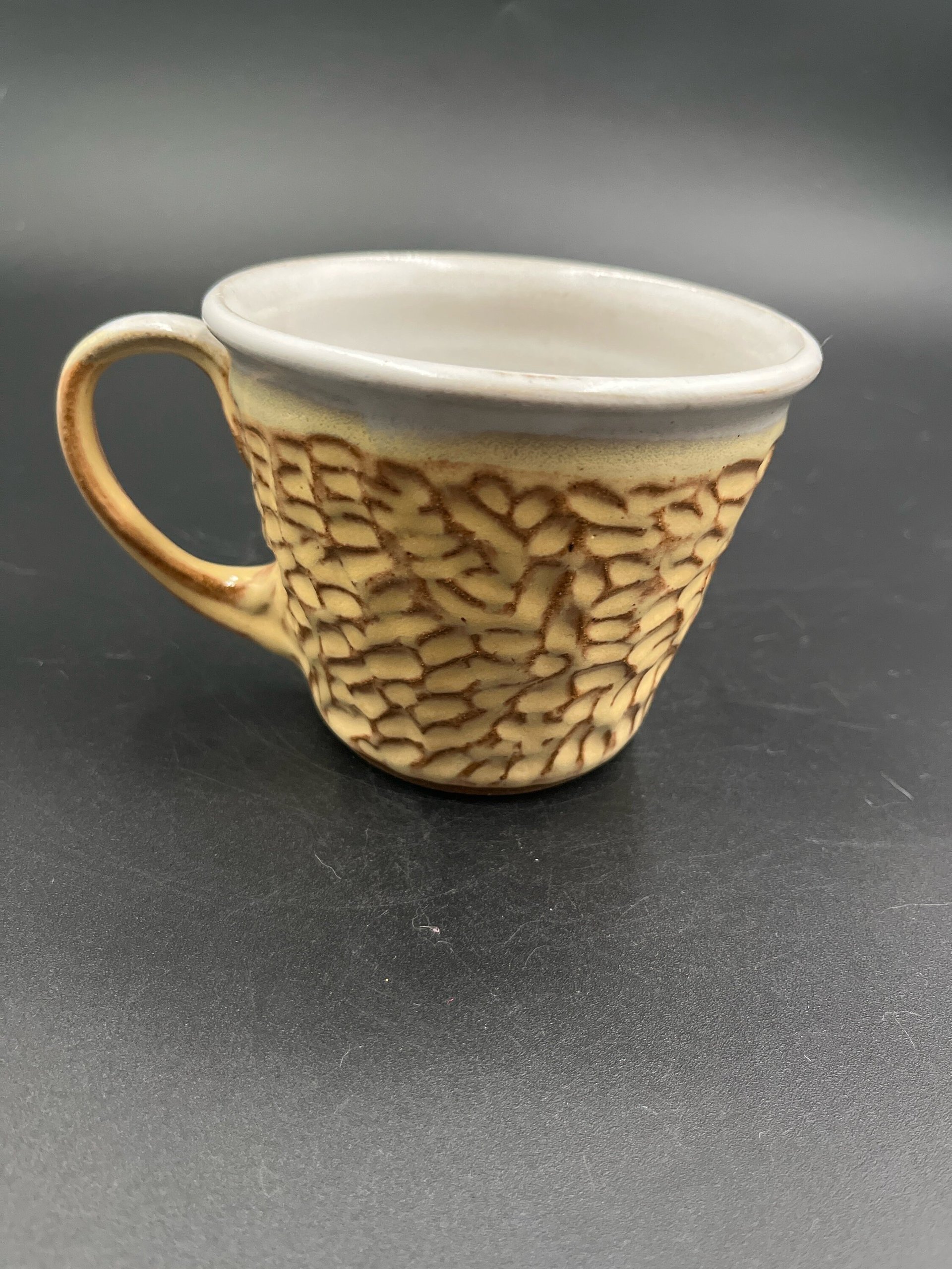 Handmade Carved Golden Yellow and White Carved Mug