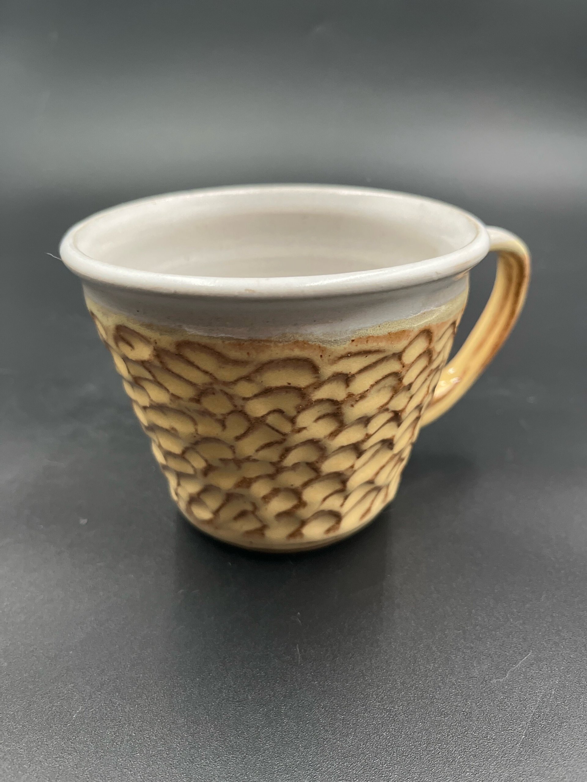 Handmade Carved Golden Yellow and White Carved Mug