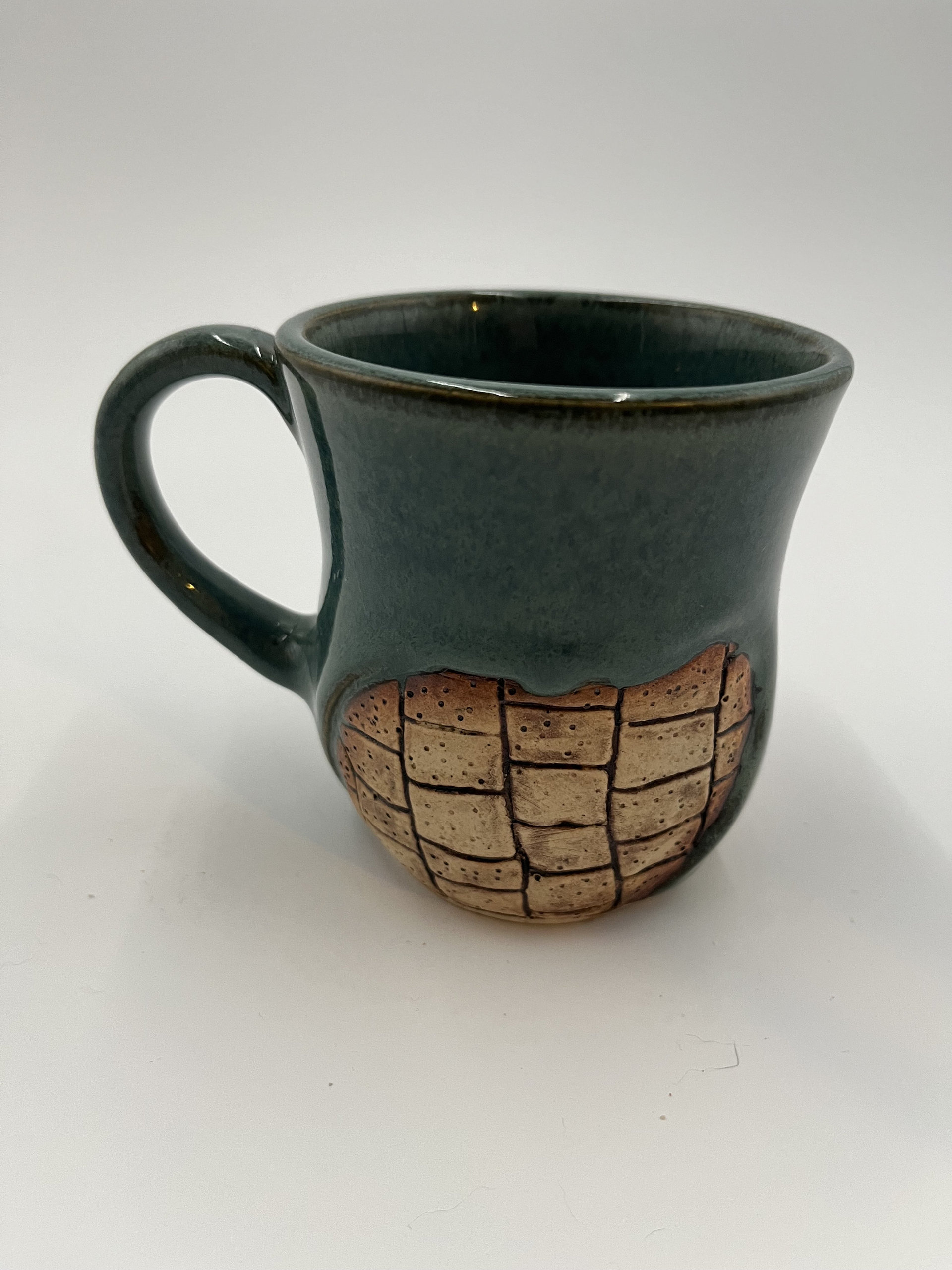 Handmade Blue and Green Mug with Carved Bricks