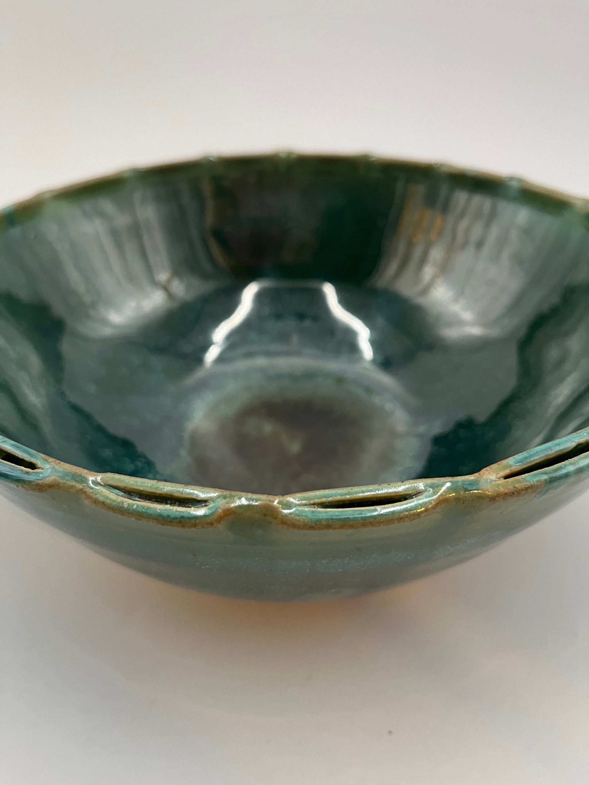 Handmade Green Serving Bowl with Decorative Rim