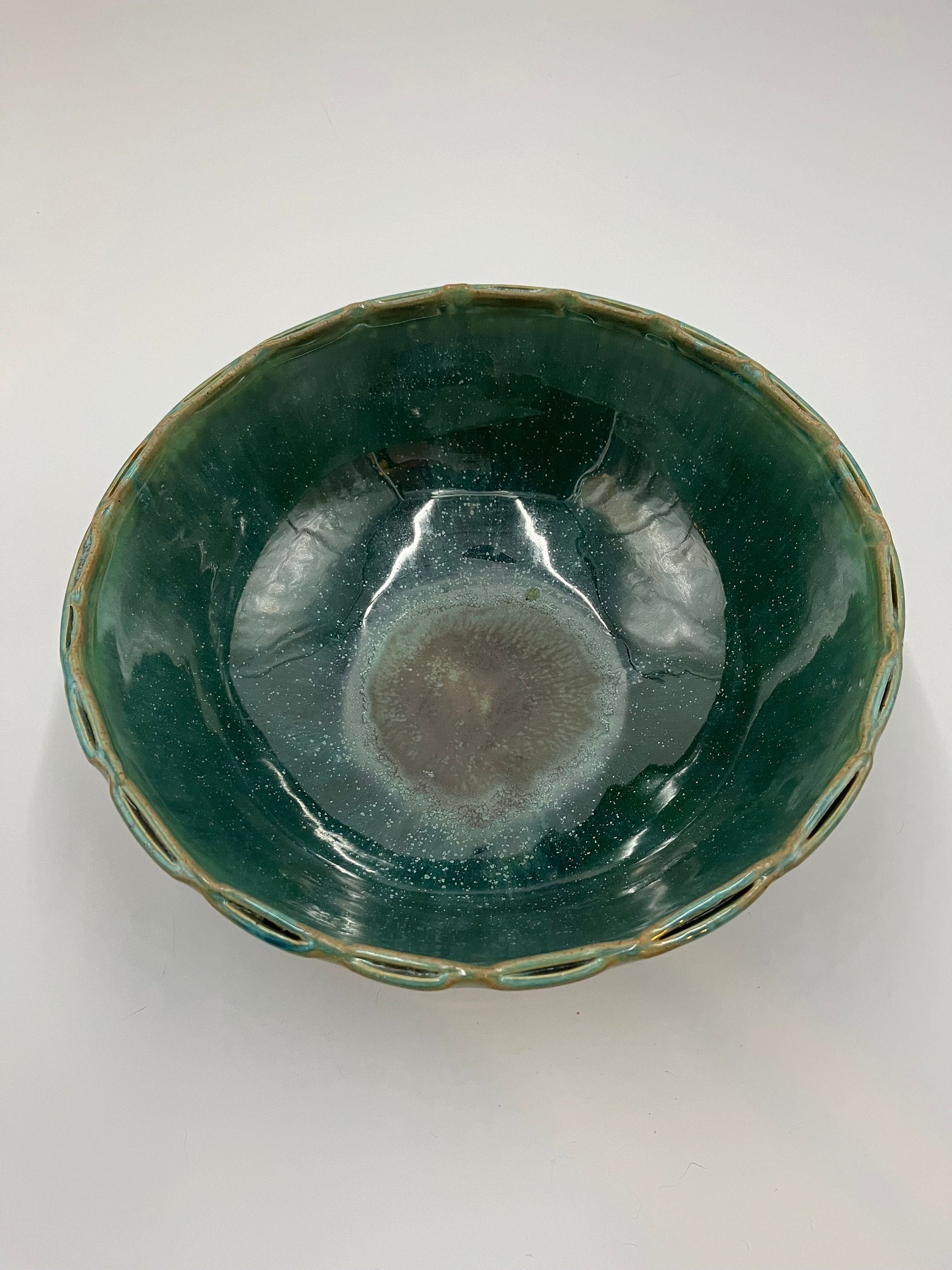 Handmade Green Serving Bowl with Decorative Rim