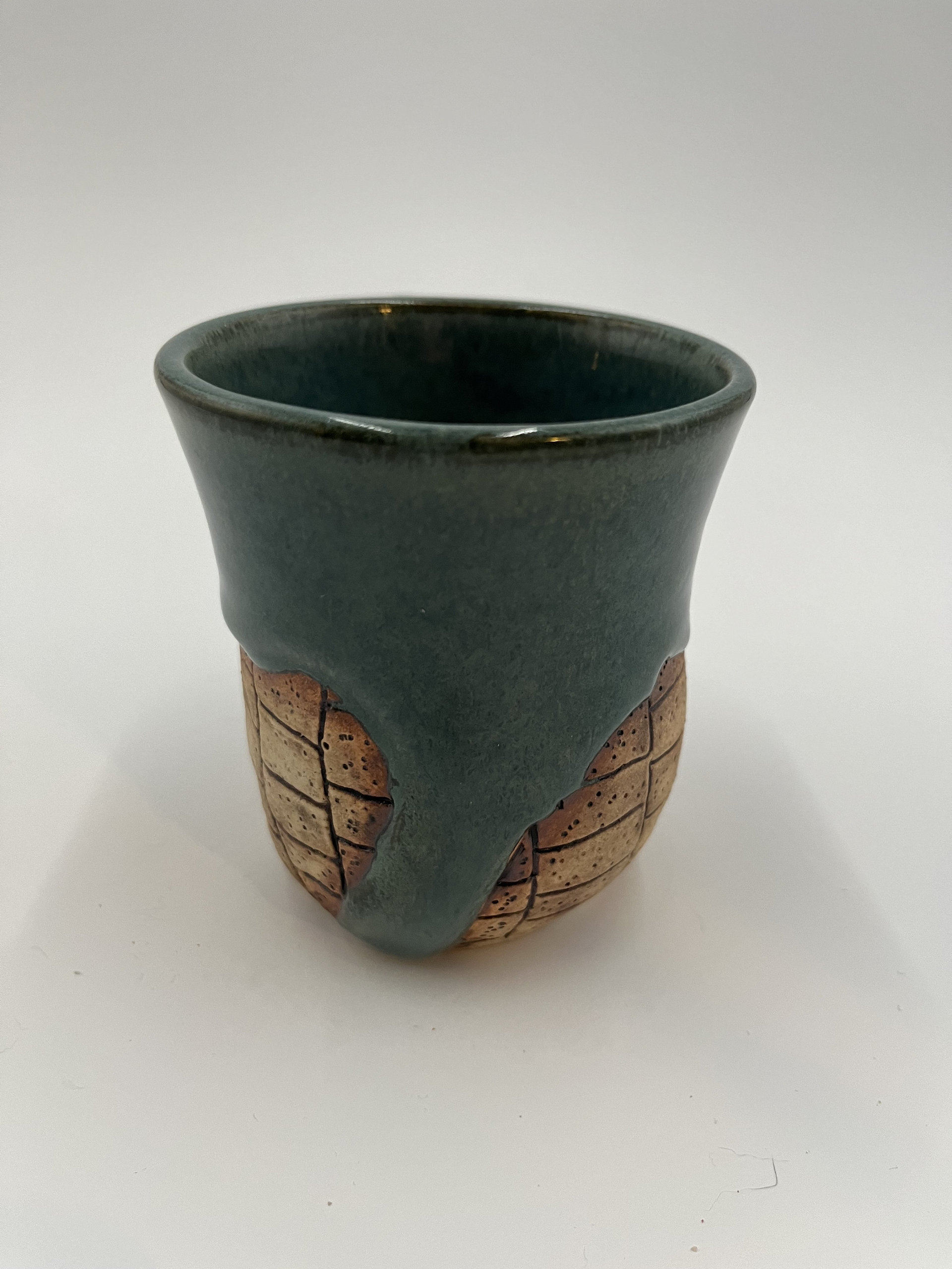 Handmade Blue and Green Mug with Carved Bricks