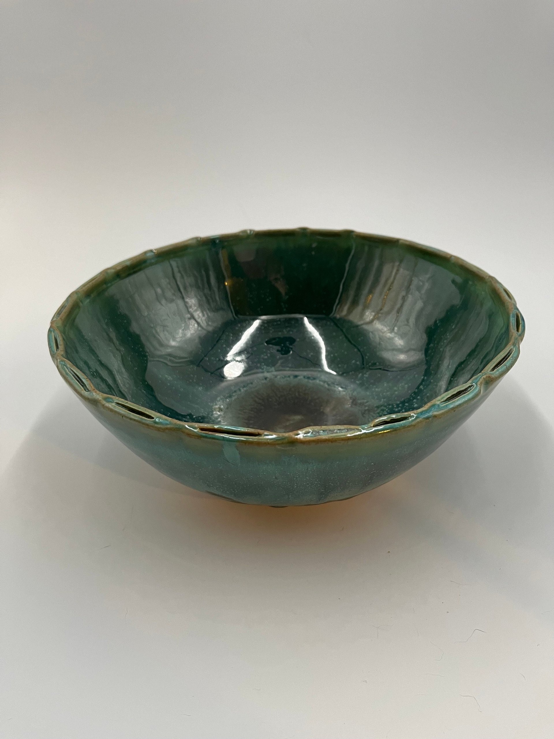 Handmade Green Serving Bowl with Decorative Rim