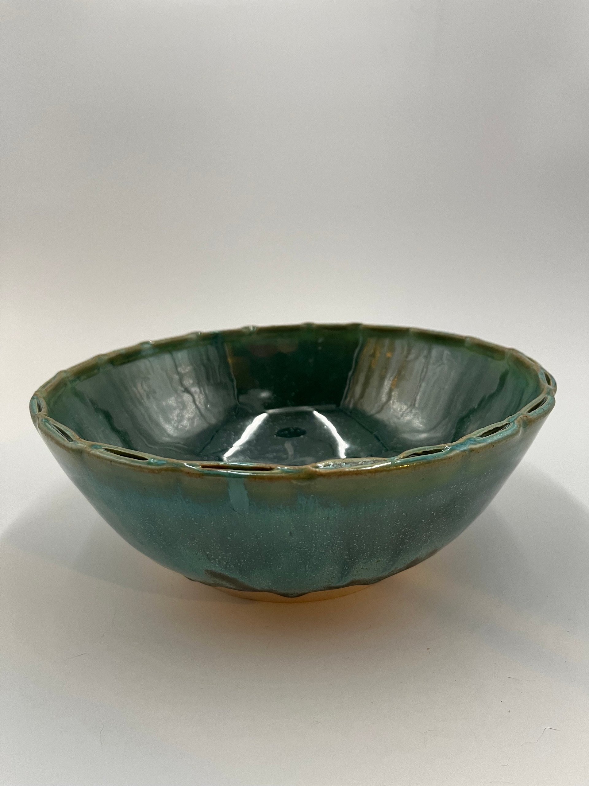 Handmade Green Serving Bowl with Decorative Rim