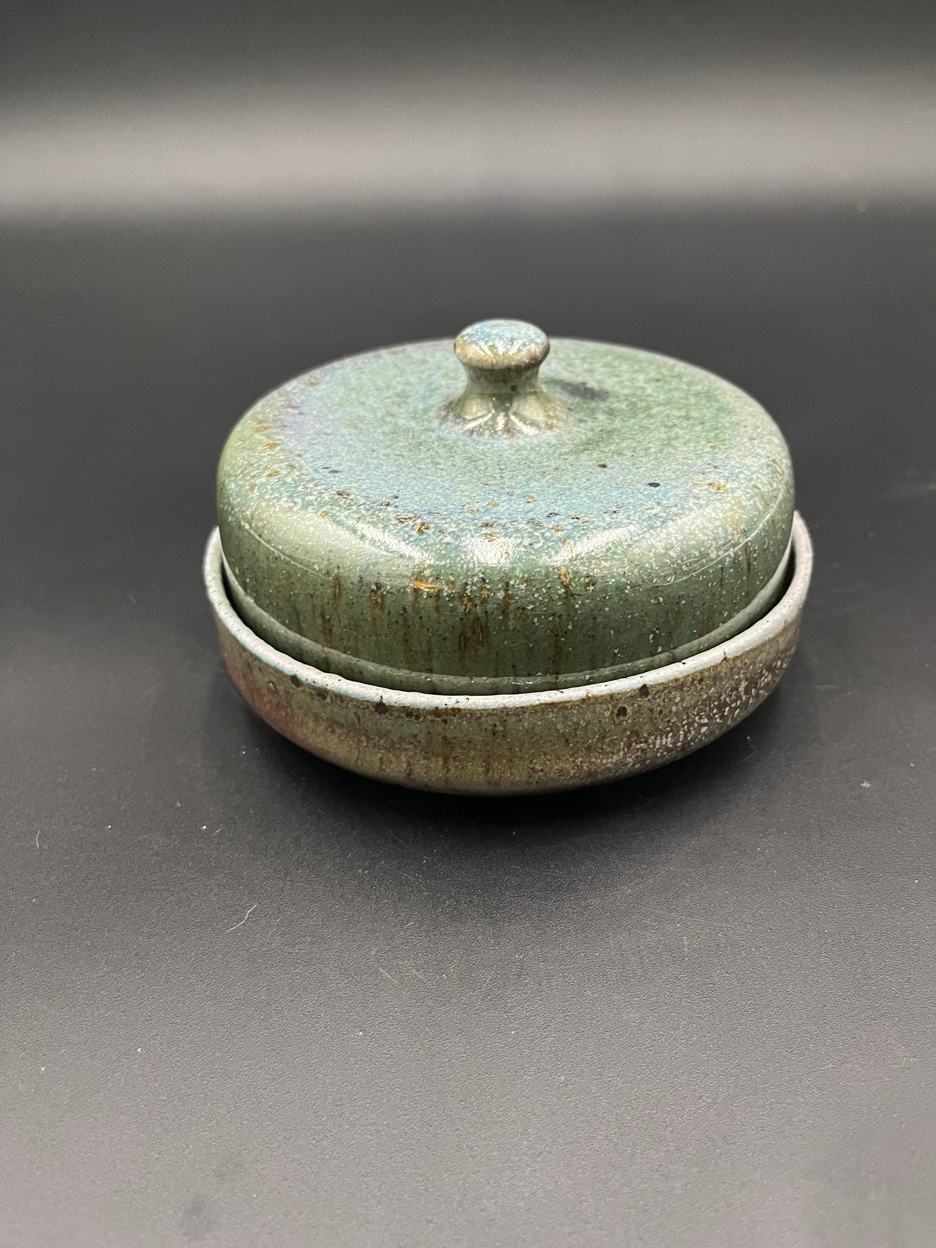 Handmade Wood fired Blue-Green Ceramic Butter Dish