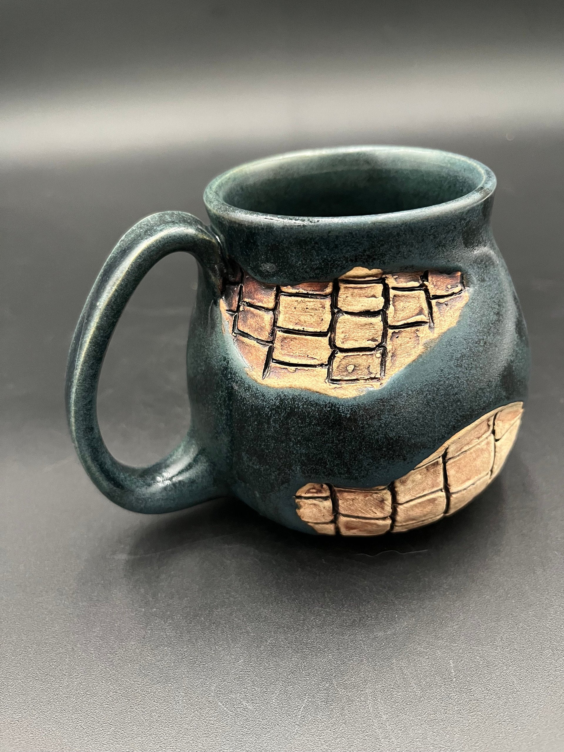 Handmade Ceramic Blue Mug with Carved Bricks - inspired by Diagon Alley