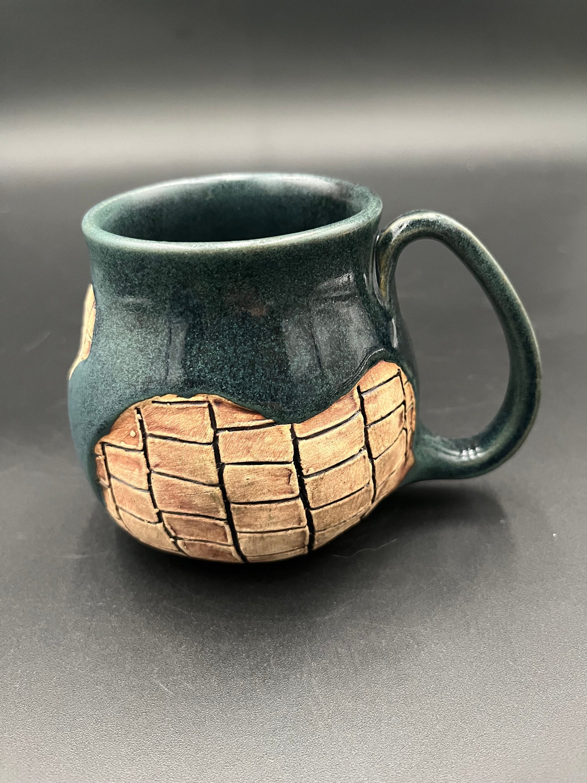 Handmade Ceramic Blue Mug with Carved Bricks - inspired by Diagon Alley