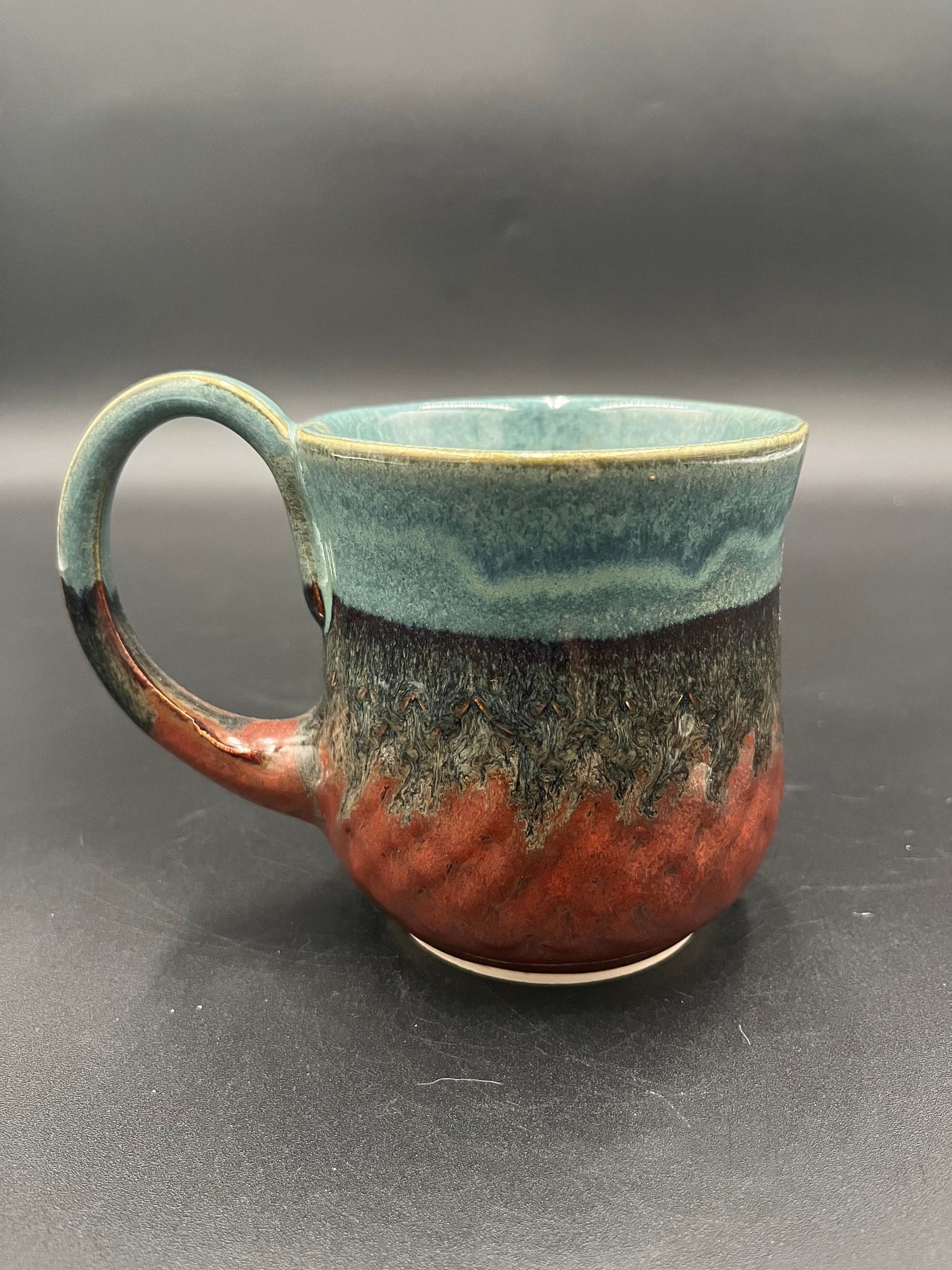 Handmade Ceramic Dragon Scale Inspired Earthy Blue and Red Mug