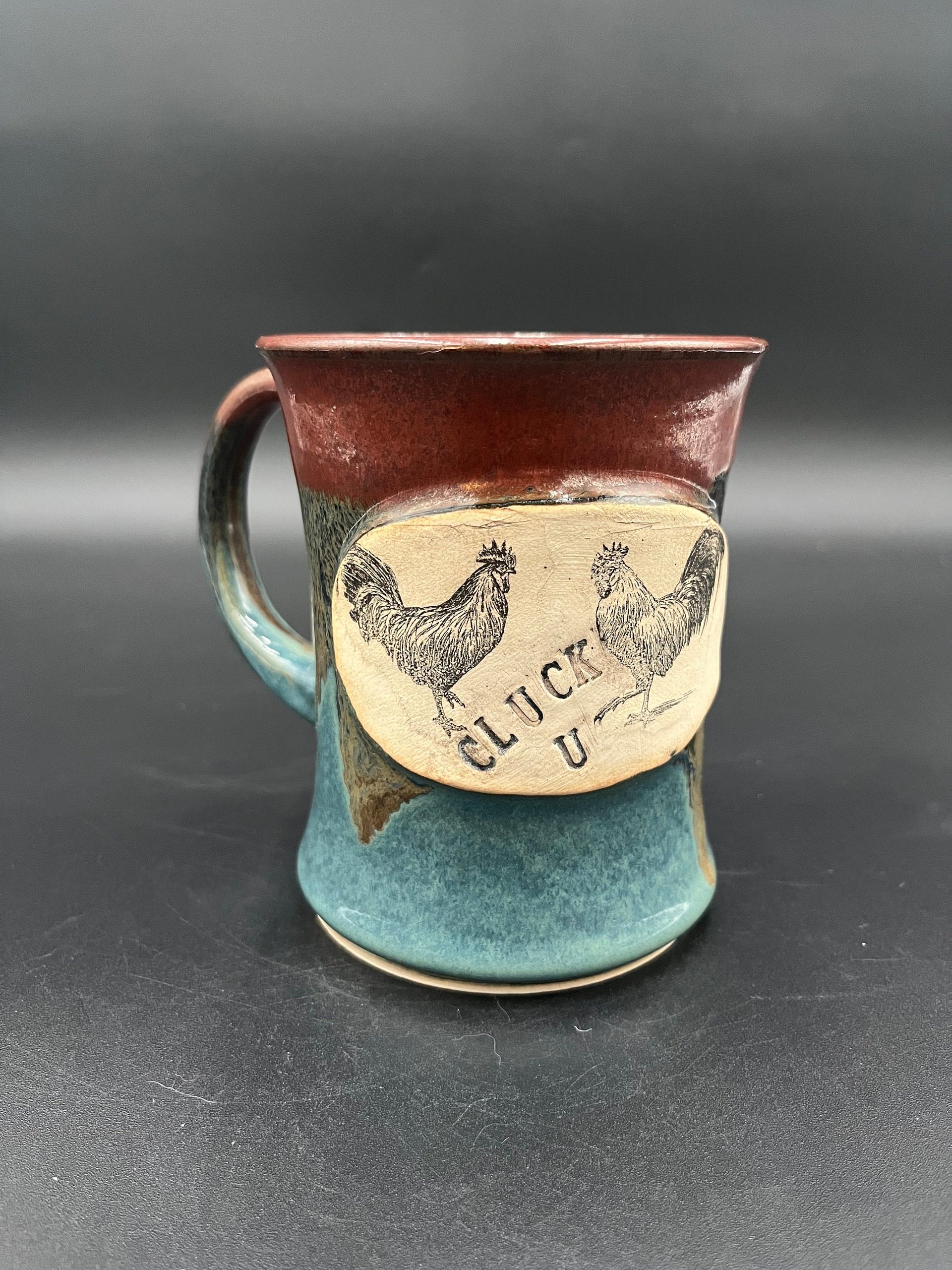 Handmade Ceramic Chicken Inspired Earthy Blue and Red Mug - “Cluck You”