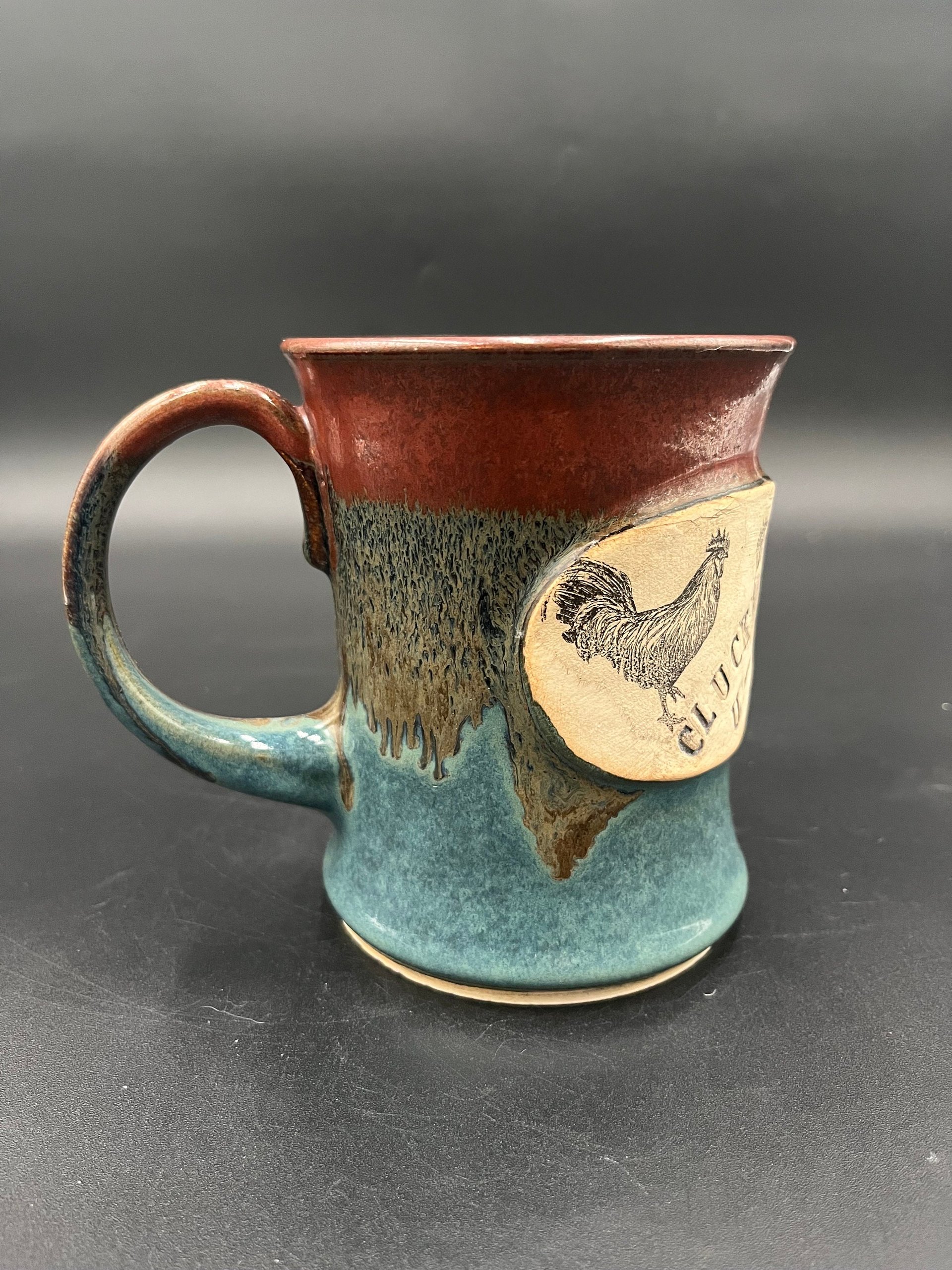 Handmade Ceramic Chicken Inspired Earthy Blue and Red Mug - “Cluck You”