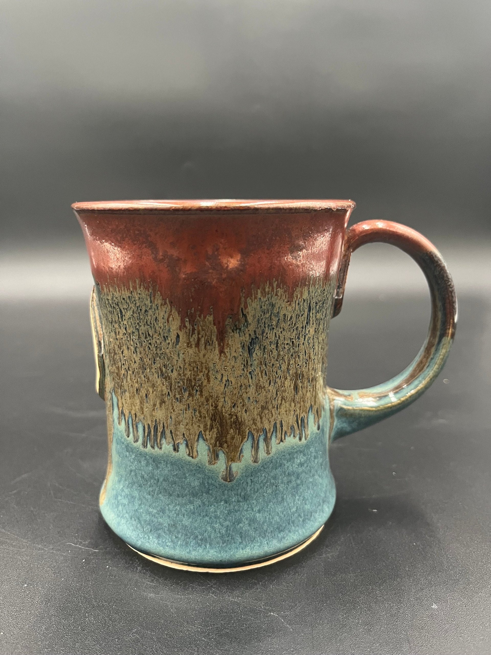 Handmade Ceramic Chicken Inspired Earthy Blue and Red Mug - “Cluck You”