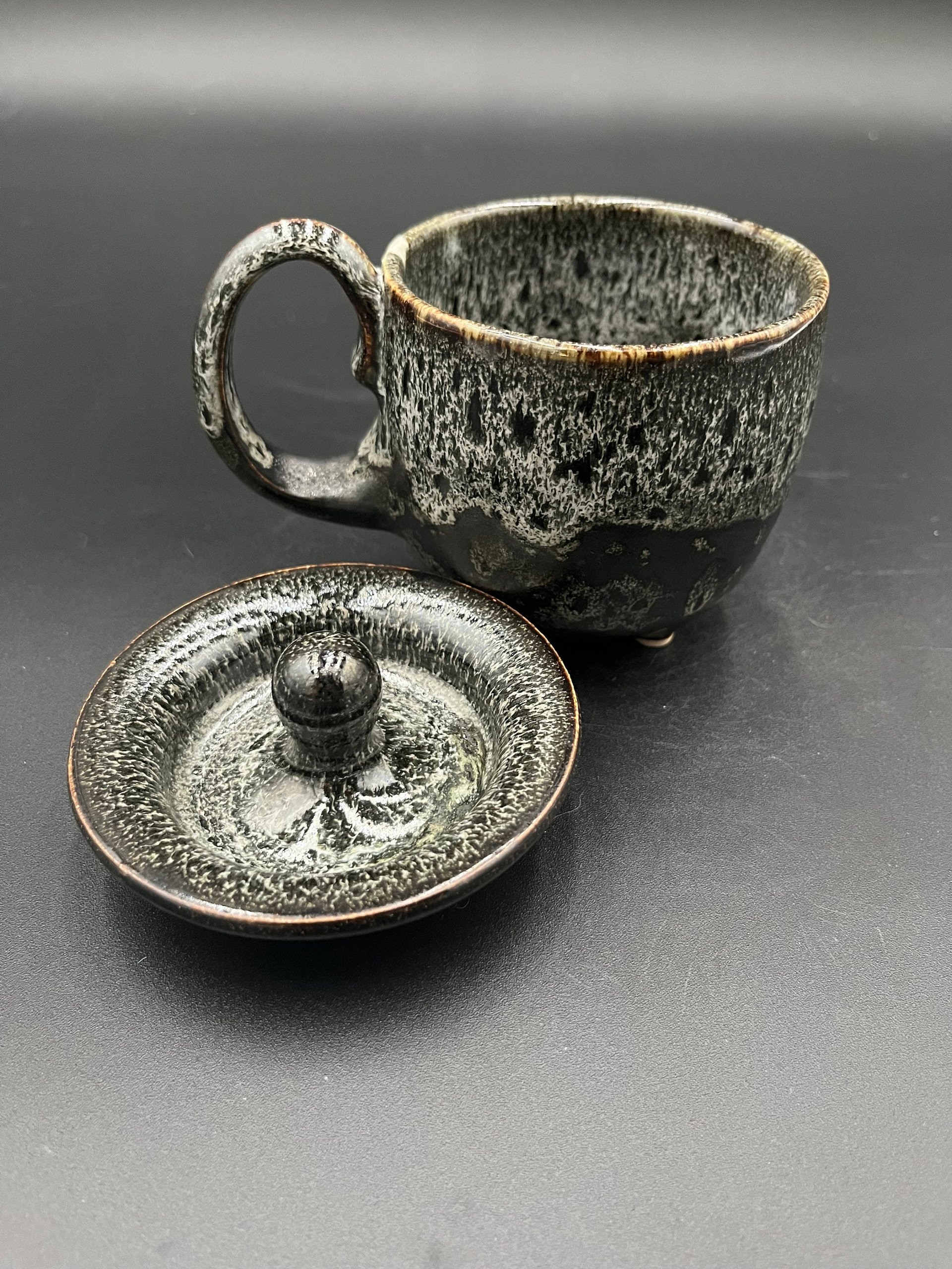 Handmade Ceramic Cauldron Inspired Black and White Mug - top included