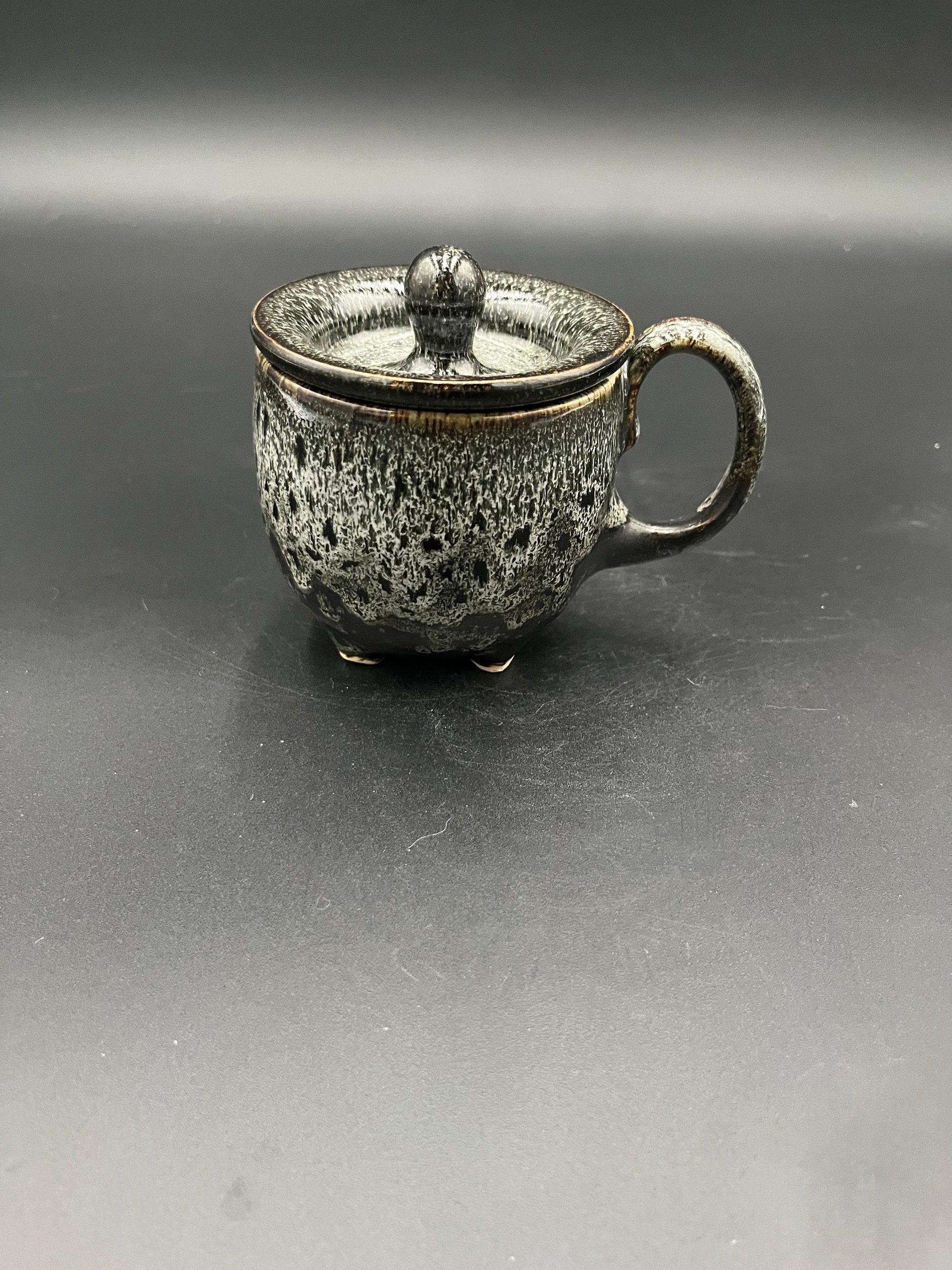 Handmade Ceramic Cauldron Inspired Black and White Mug - top included