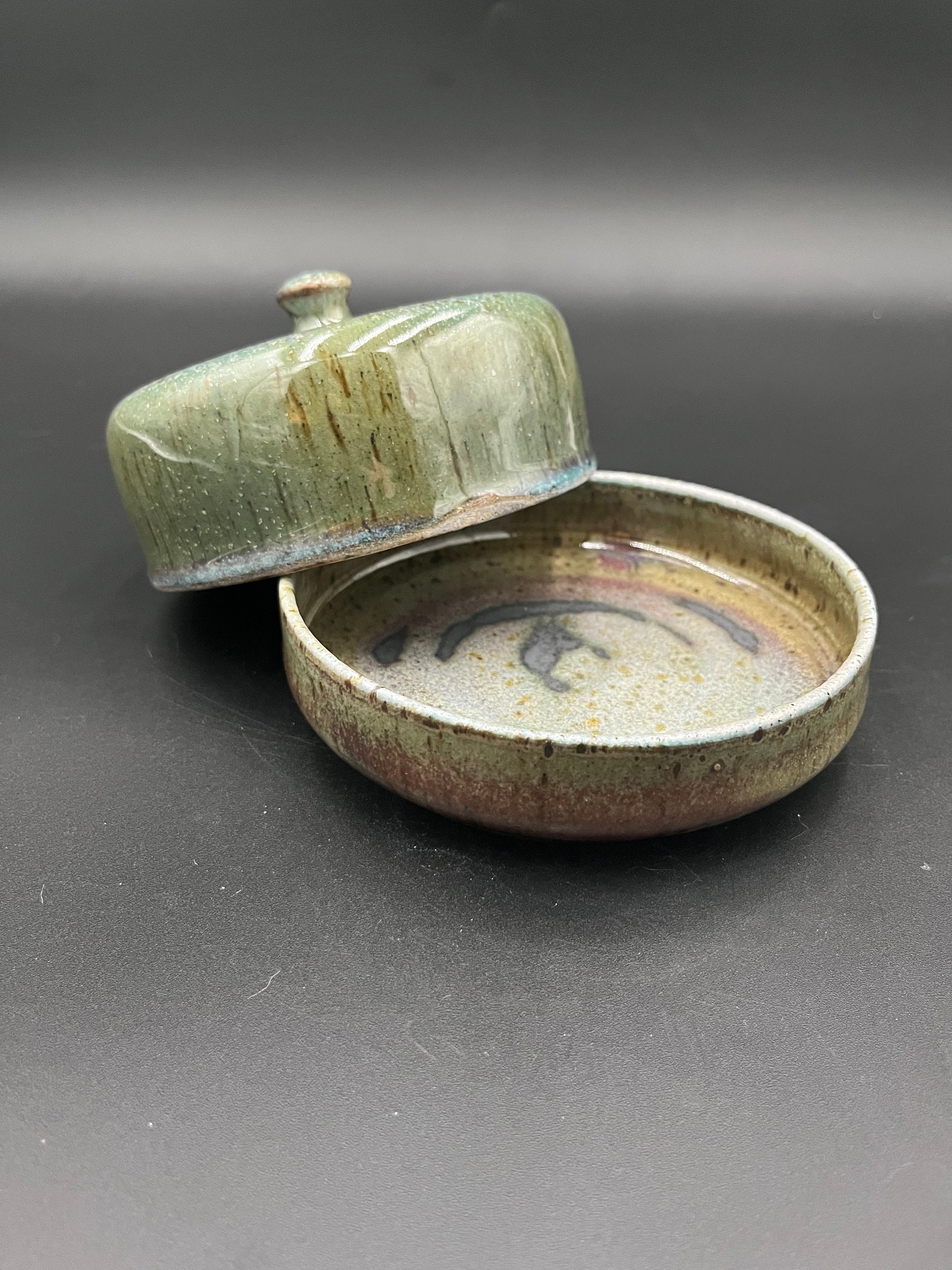 Handmade Wood fired Blue-Green Ceramic Butter Dish